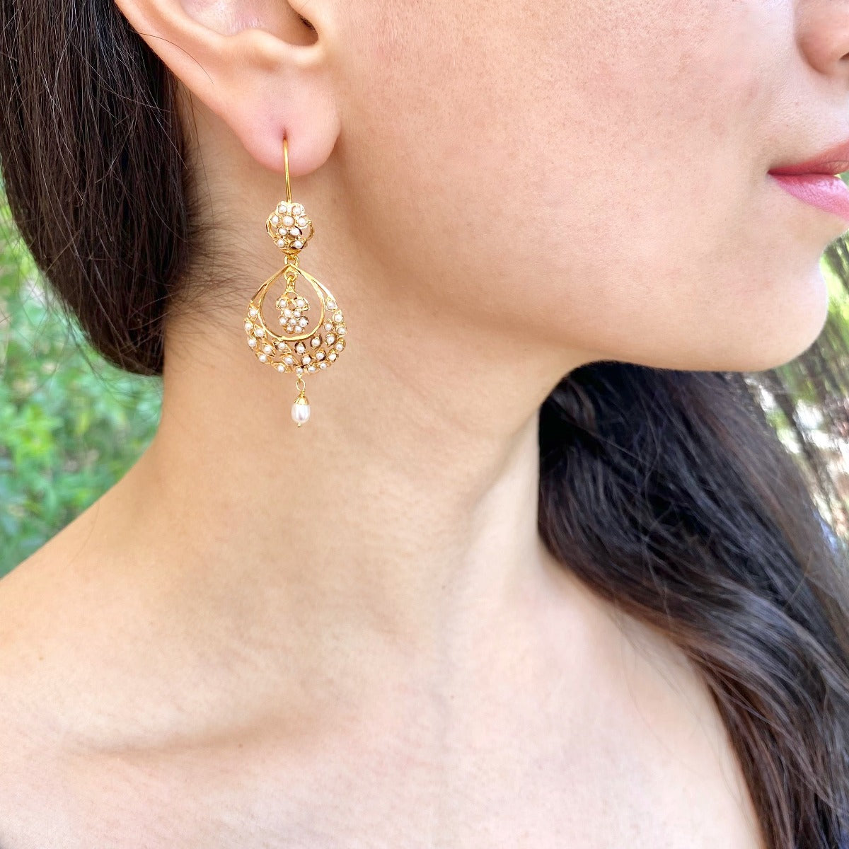 dainty bengali pearl chandbali earrings in gold