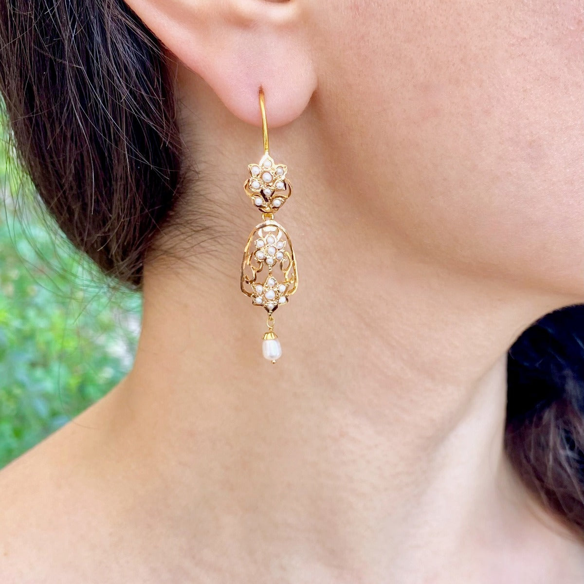bengali design pearl fishhook earrings in gold