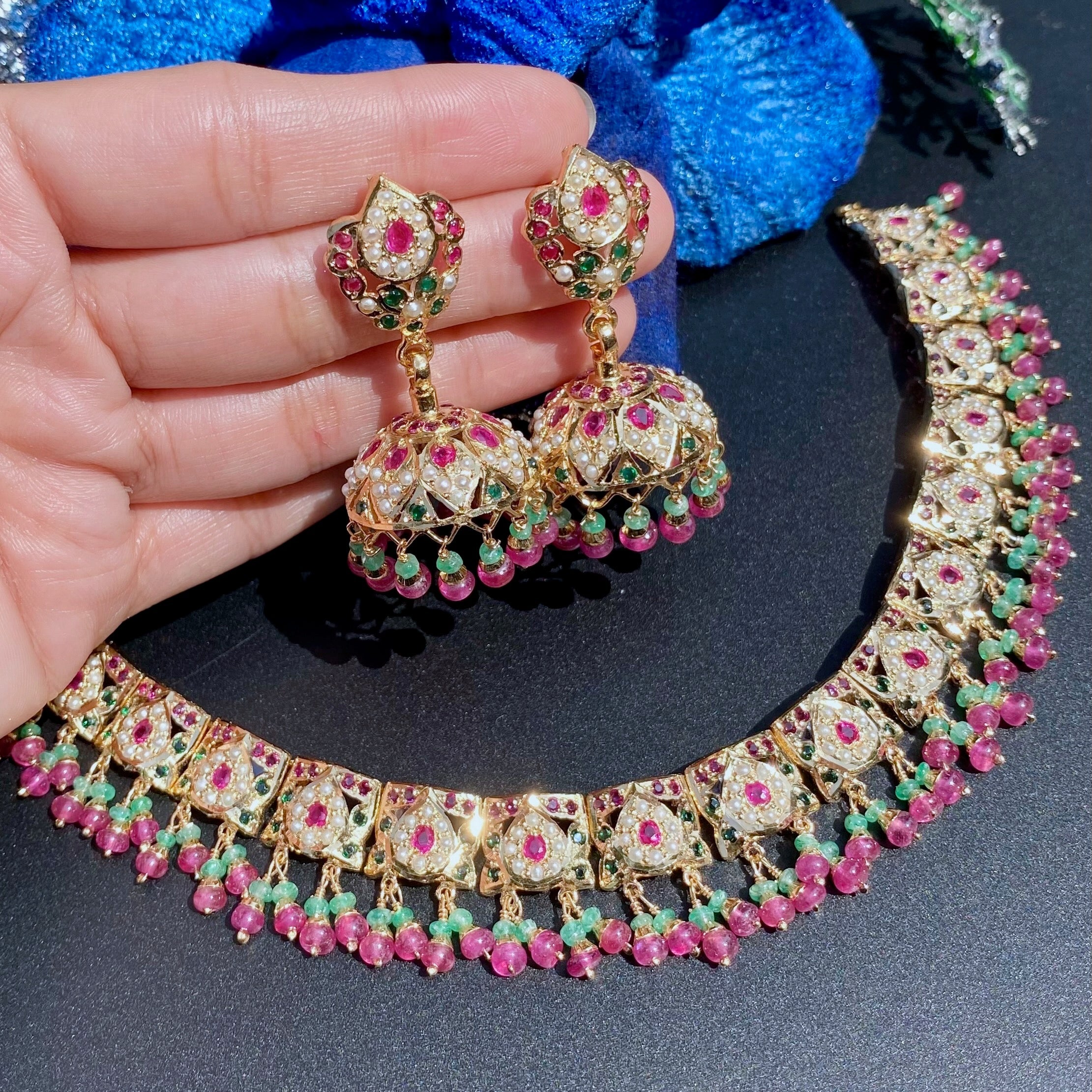 Ruby Emerald Pearl Jadau Necklace with Jhumka Earrings NS 487