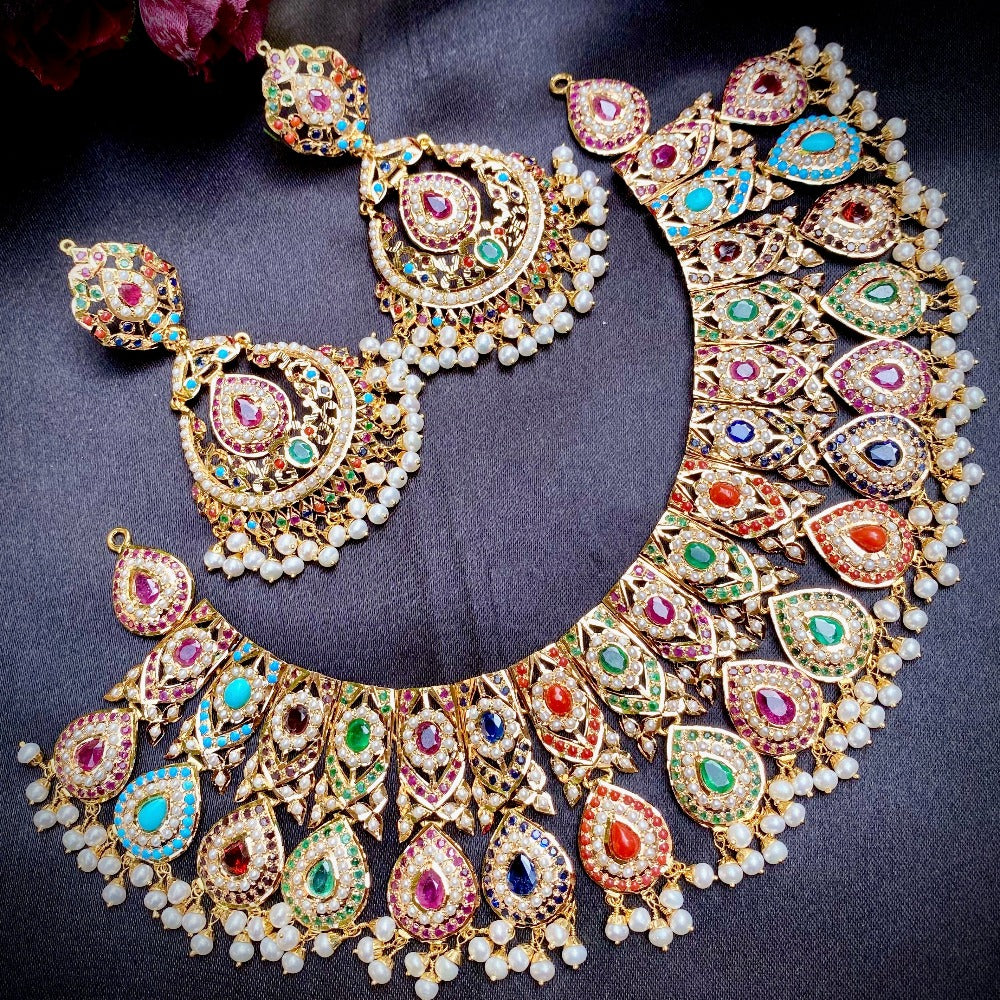 pakistani necklace set in gold with navratna