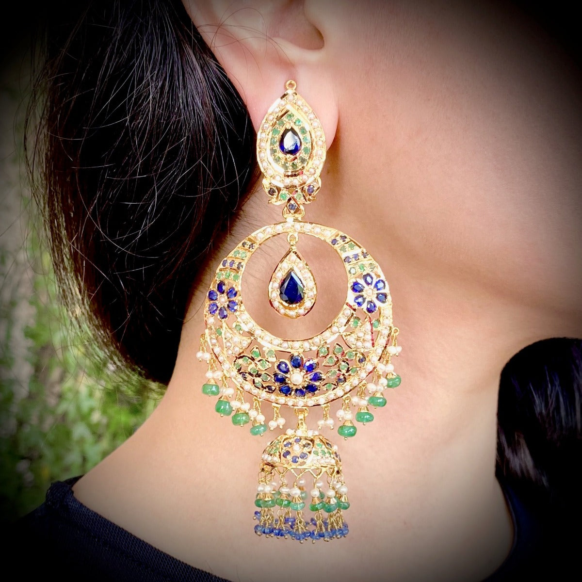 panna neelam chandbali earrings gold