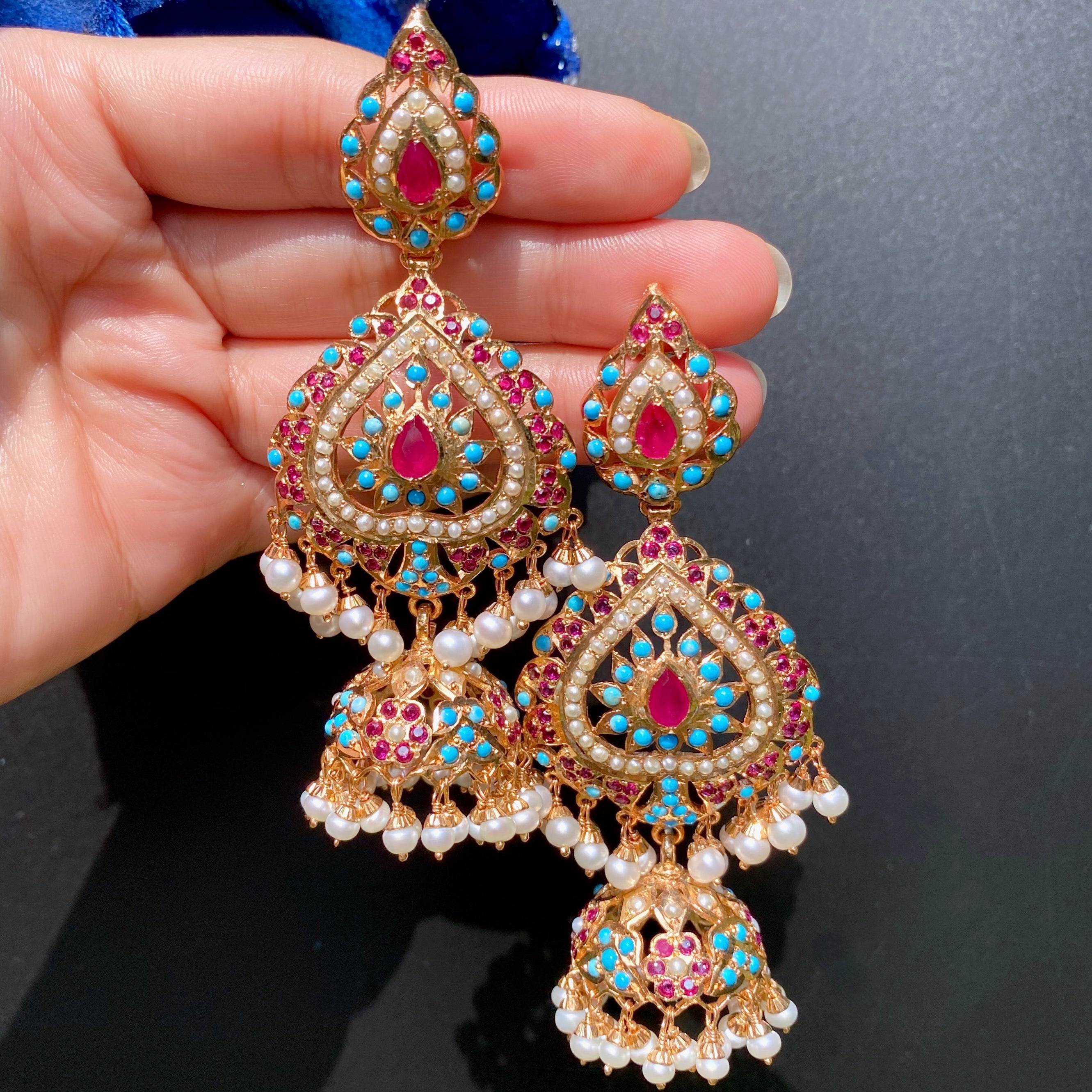 Shop Gold Plated Indian Jhumkas Online | Gold Plated Jadau Earrings in Silver ER 028