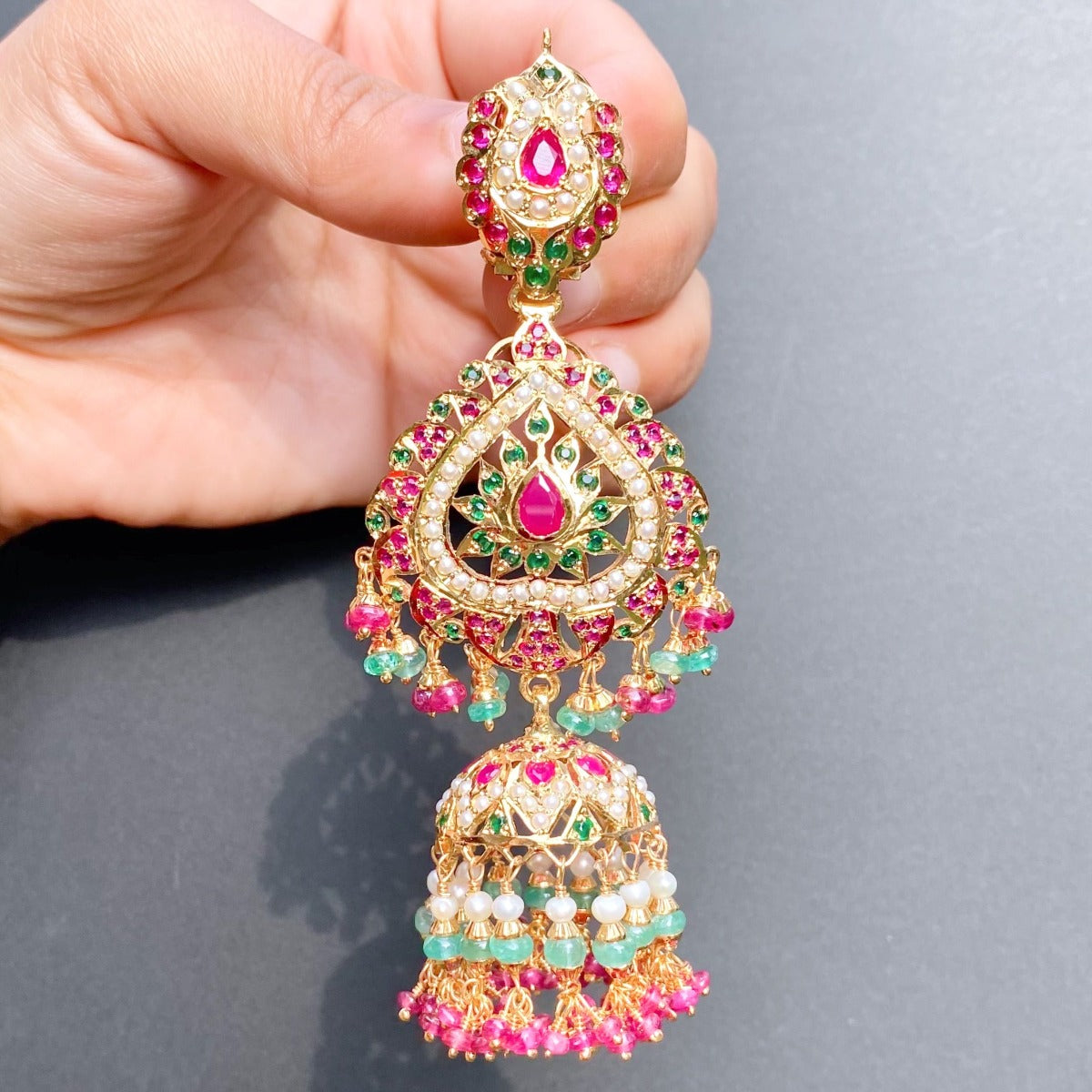 traditional indian / pakistani jadau jhumka earrings in gold plated silver