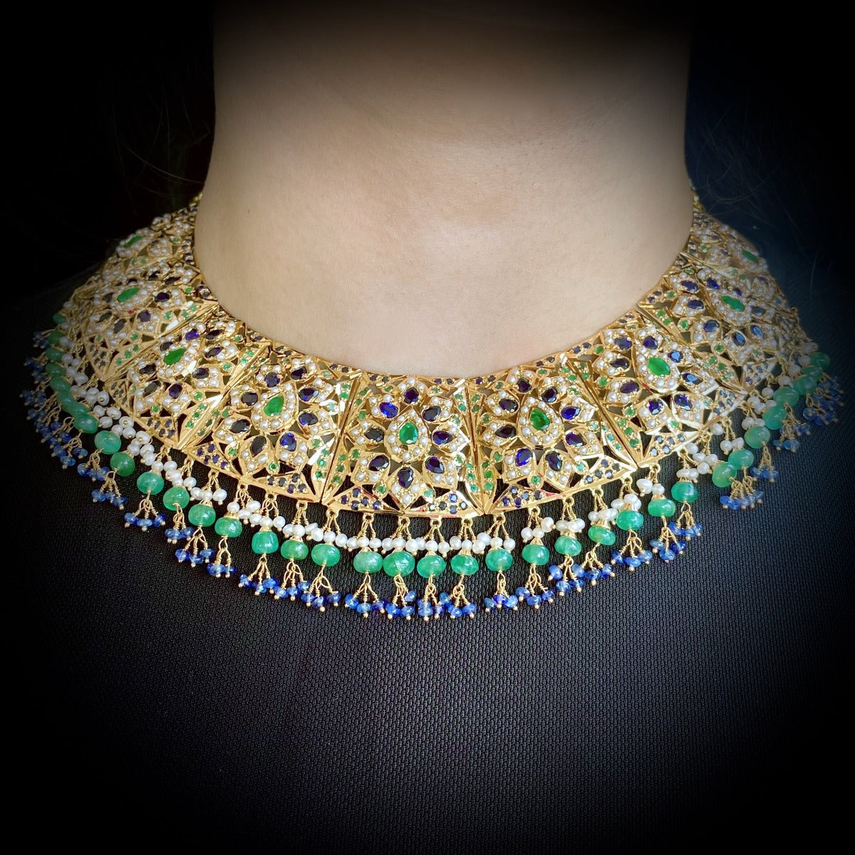 panna neelam chandbalis and necklace