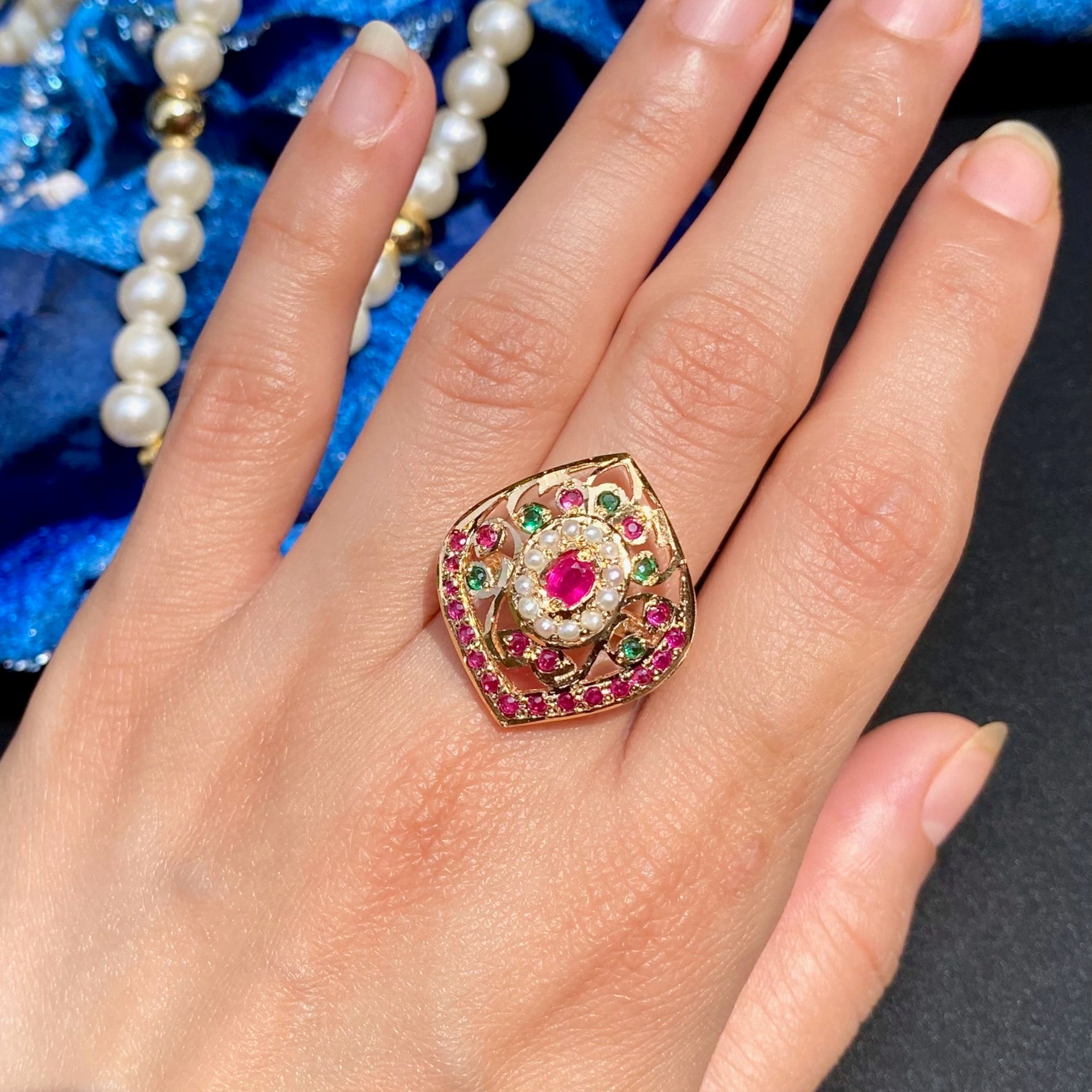 Jadau Ring for Women | Ruby Emerald & Pearl Colours | Gold Plated Silver LR 048