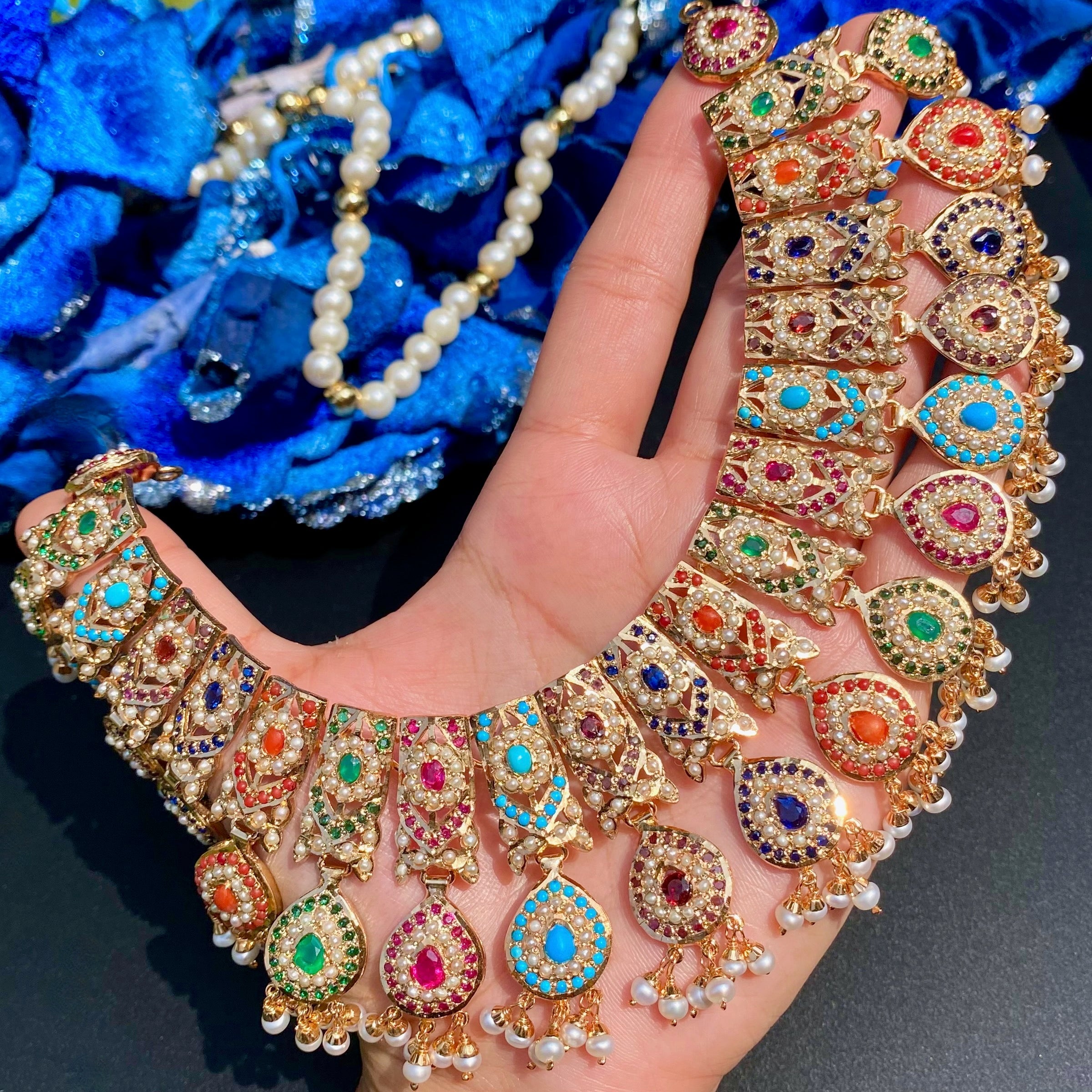 Statement Bridal Navrattan Necklace Set | Bridal Jadau Jewellery | Statement Jewellery Pieces | NS 498