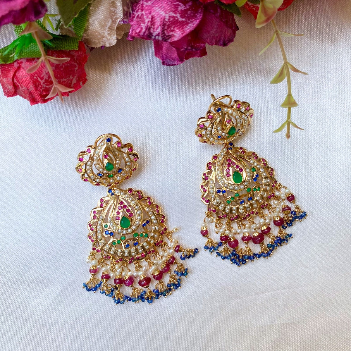 Multicolored Jadau Earrings in Gold Plated Silver ER 232