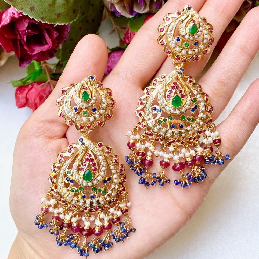 Multicolored Jadau Earrings in Gold Plated Silver ER 232