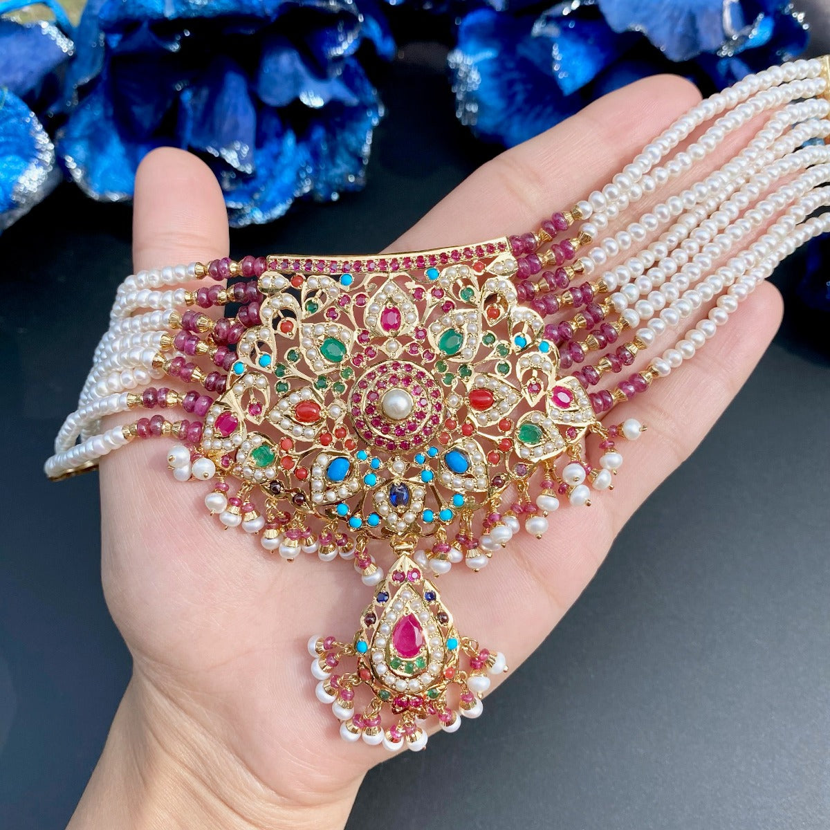 Hyderabadi navratna choker necklace with pearls for lehenga