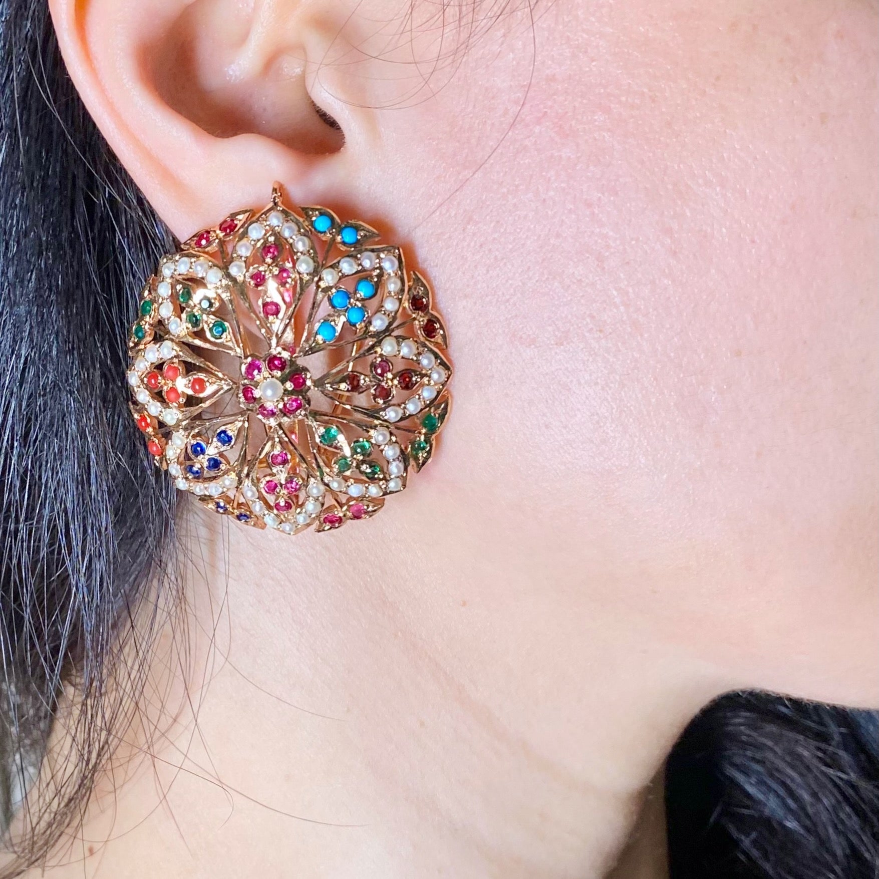 Statement Navaratna Studs | Large Round Tops For Women | Indian Gold Plated Silver Jewelry ER 657