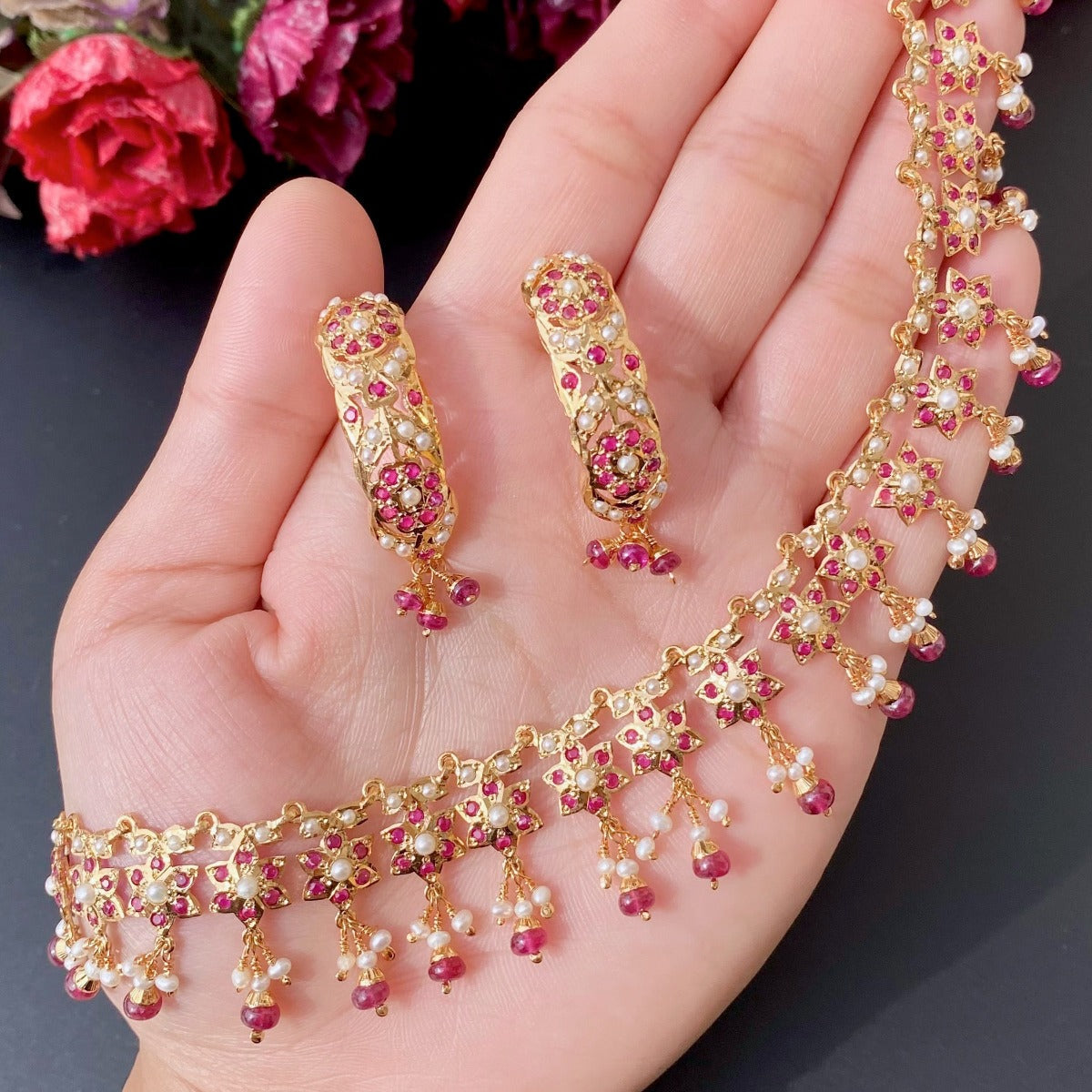 Delicate Ruby Pearl Necklace Set in Gold plated Silver | NS 322