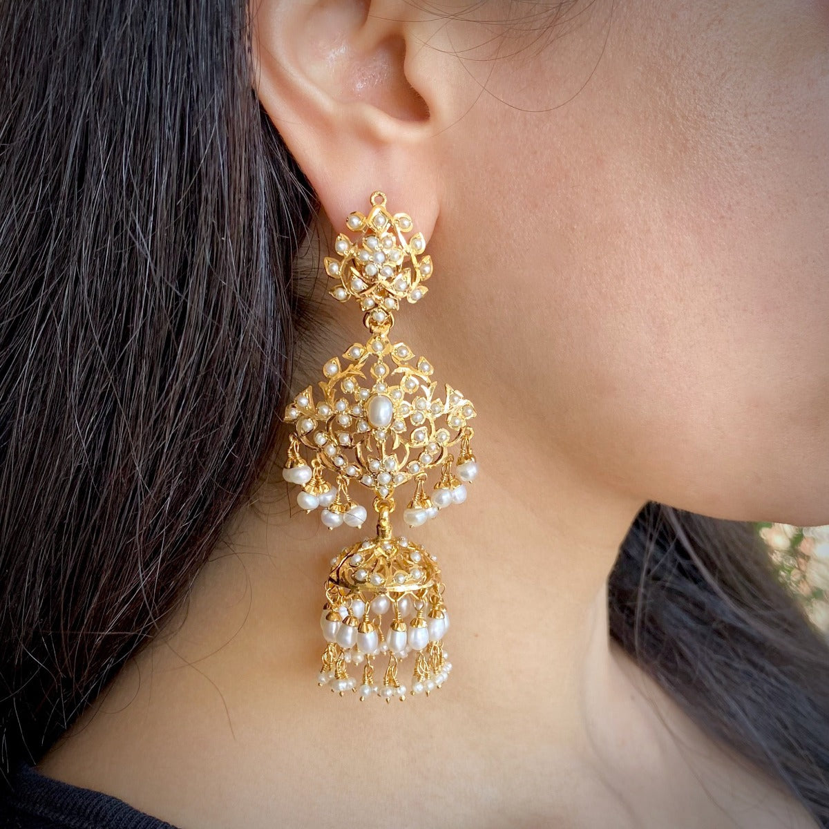 Tall Pearl Jhumki Earrings | Big Pearl Jhumkas For Women | Gold Plated Silver ER 331A