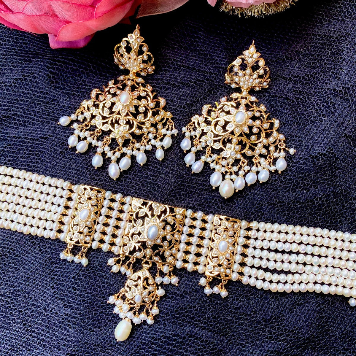 gold plated pakistani choker set with real pearls