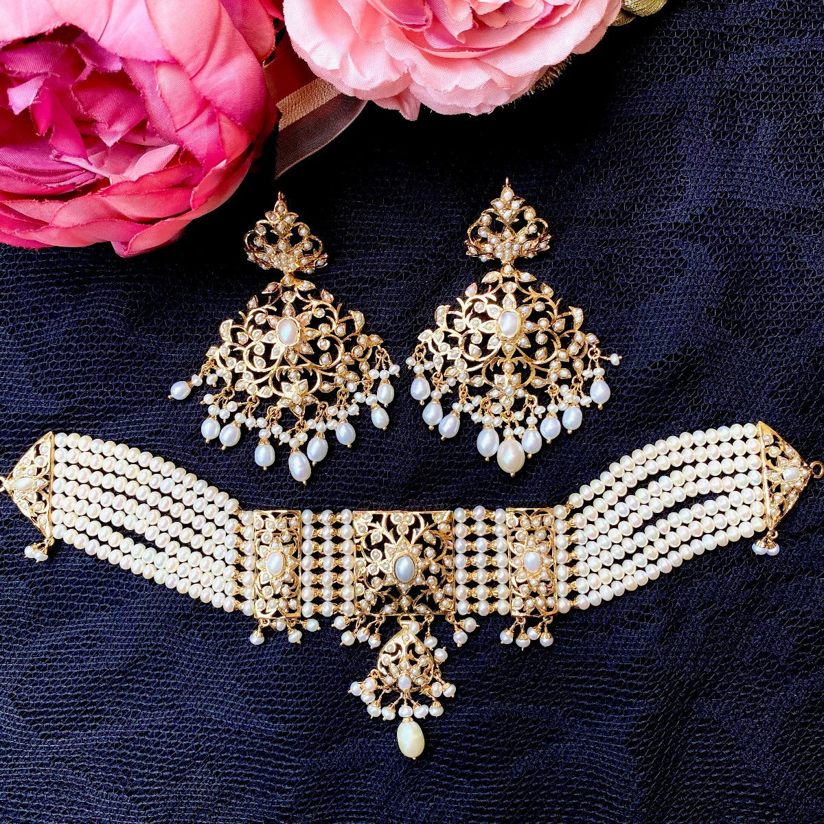 gold plated pakistani choker in real pearls