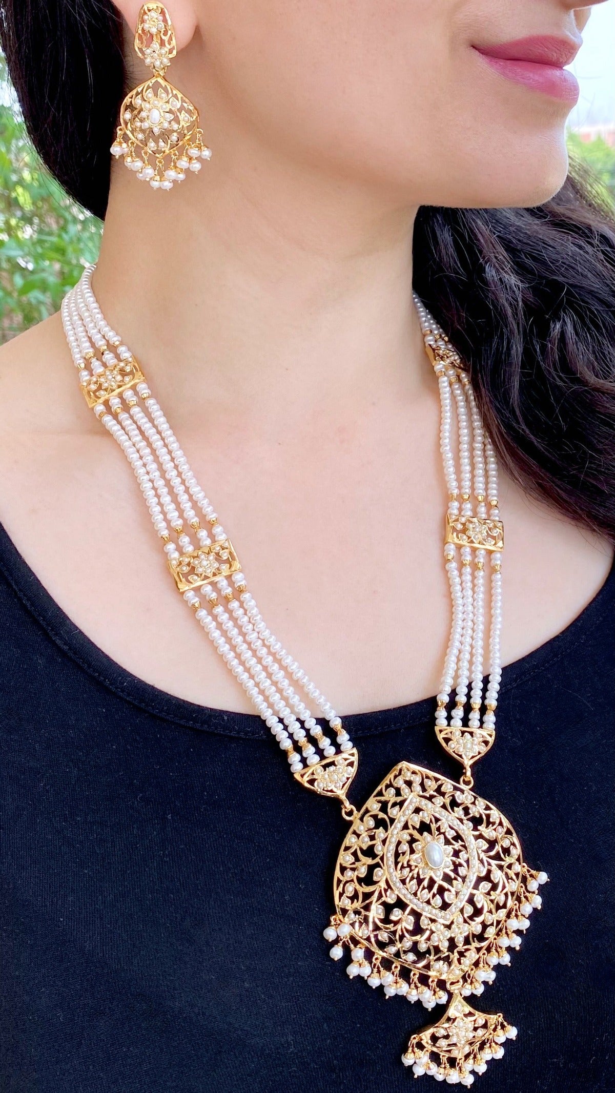 gold plated silver pakistani long necklace set