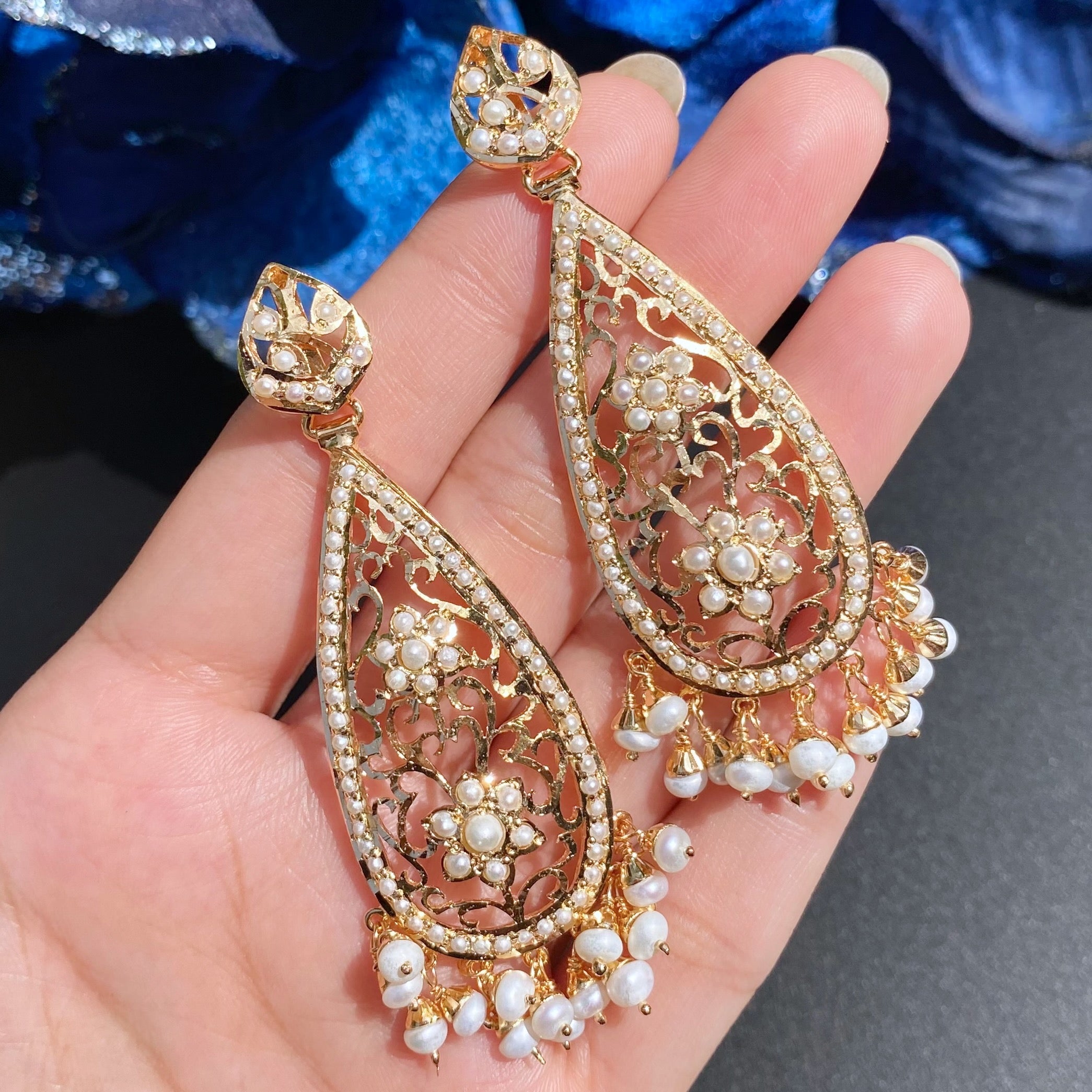 Drop Shaped Pearl Earrings | Gold Plated on Silver | Jadau Danglers ER 654