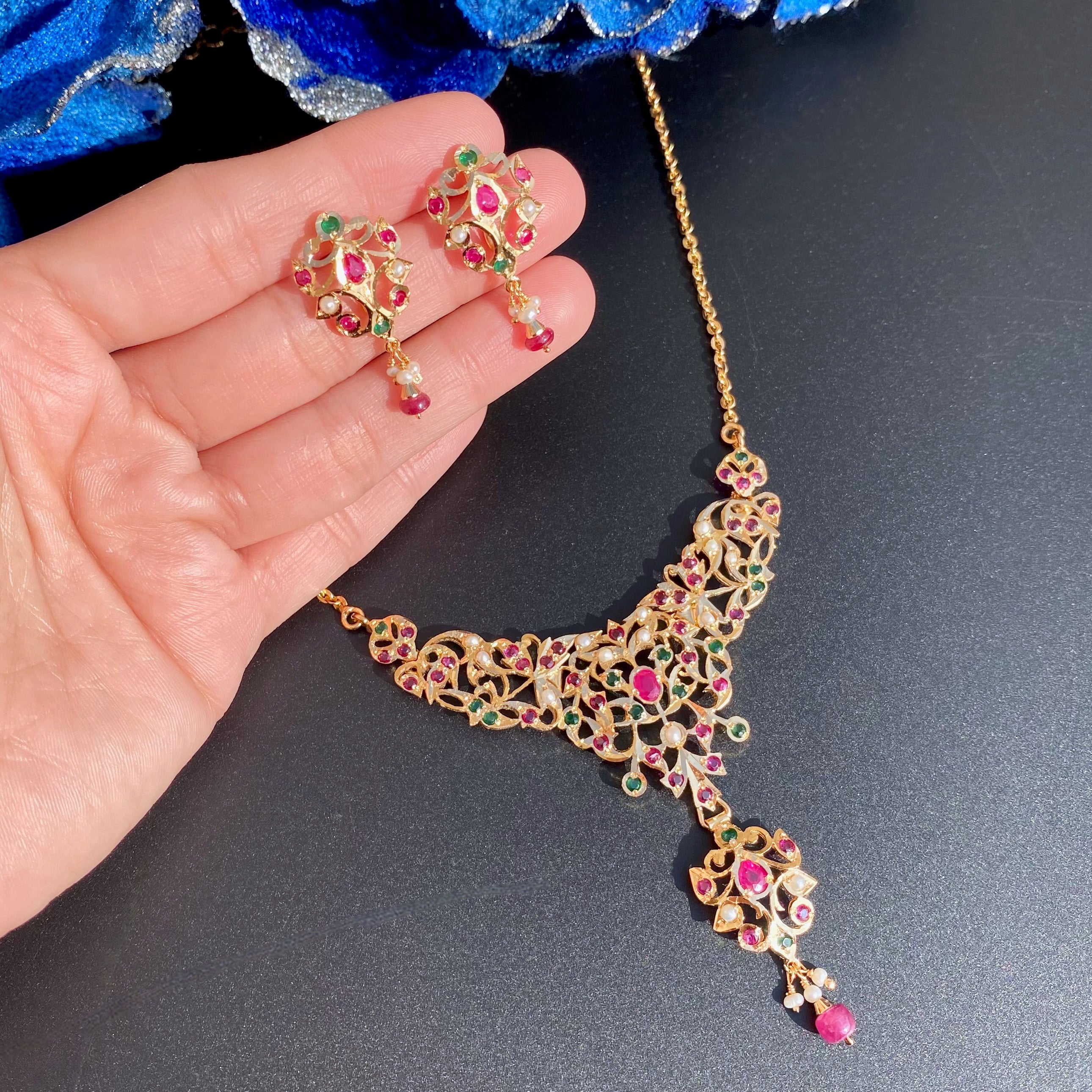 Antique Styled Jadau Chain Necklace Set | Gold Plated on 925 Silver  NS 443