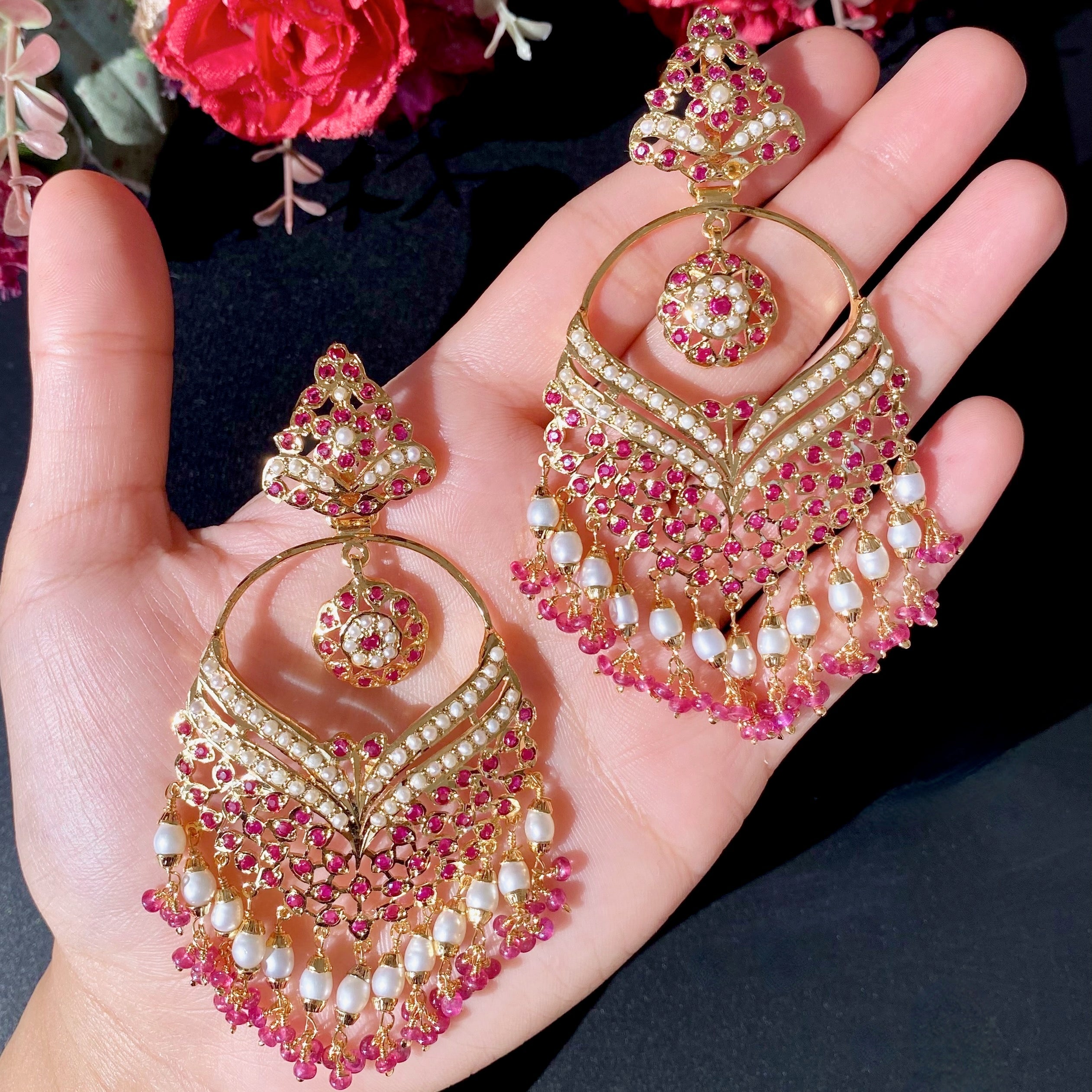 Ruby and Pearl Earrings | Traditional Chandbalis | Mughal Jewellery | ER 590