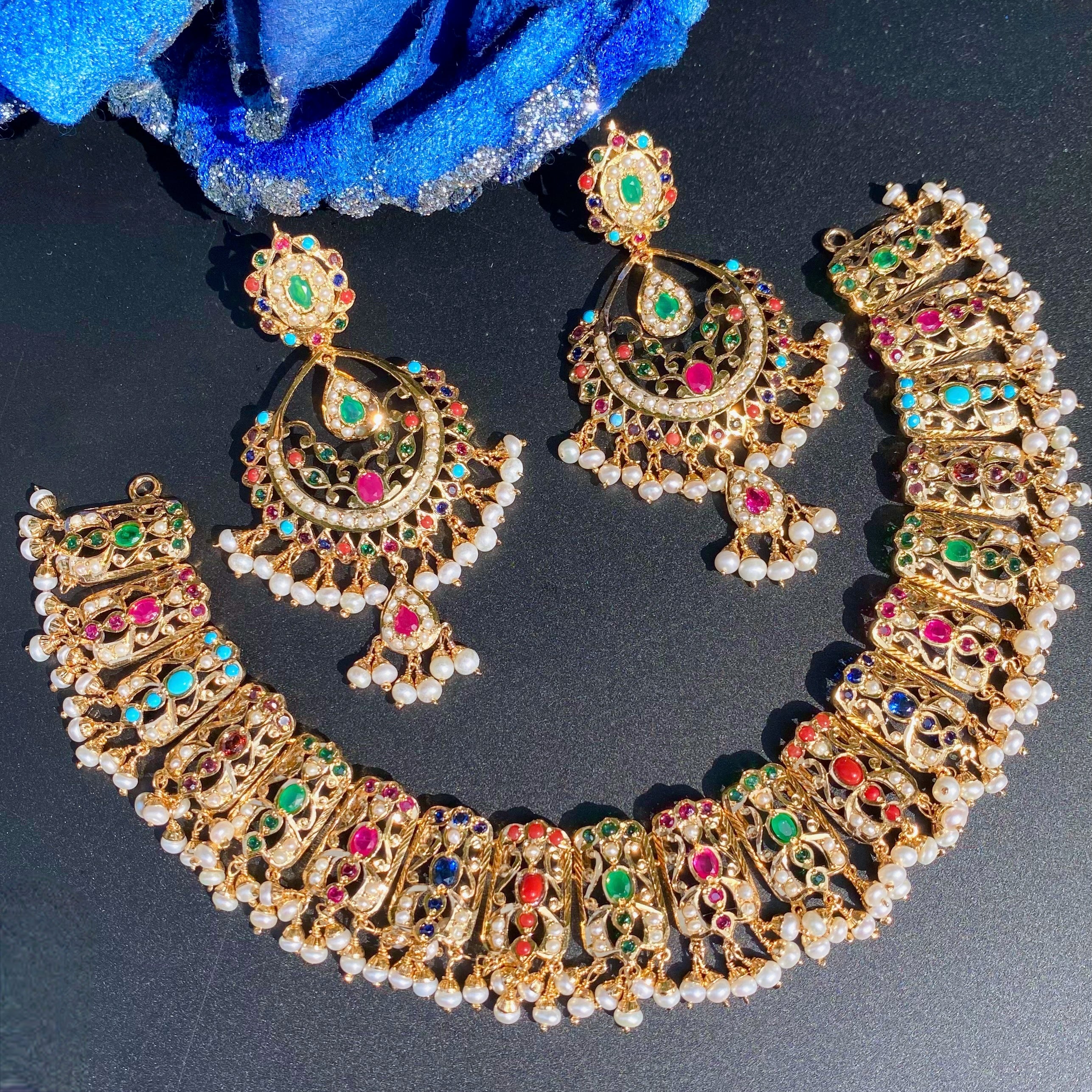 Navaratna Jadau Necklace Set | Bridal Jewellery | Handcrafted Silver Jewelry | NS 493