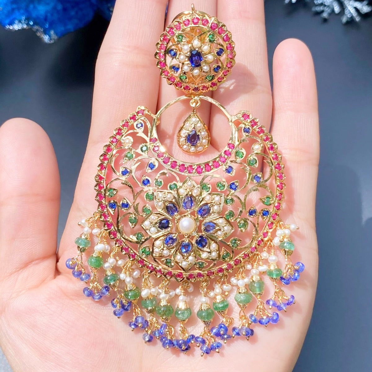 grand pakistani chandbali earrings in gold plated silver