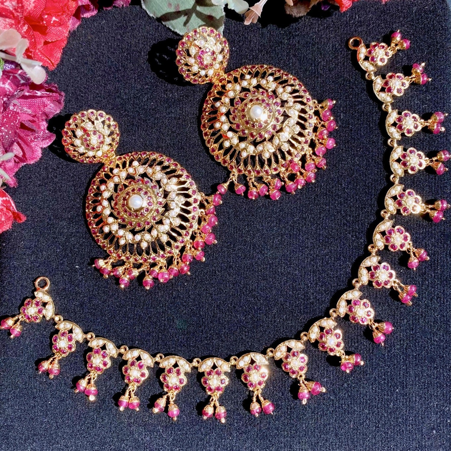 Dainty Jadau Necklace with Statement Earrings | 925 Silver | Gold Plated NS 325