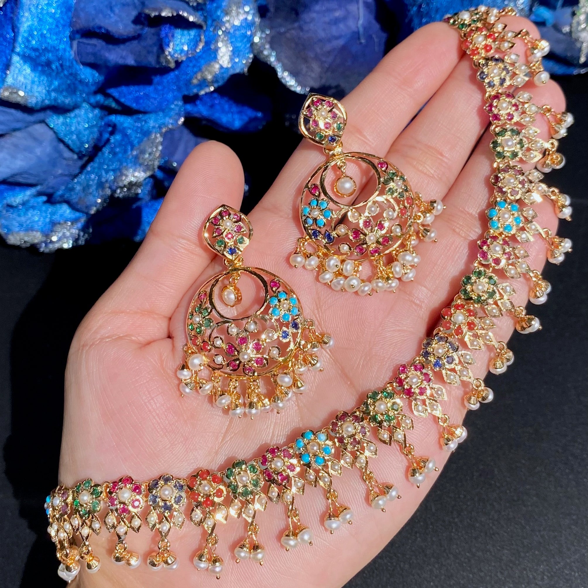 Elegant Navratna Necklace with Chandbali Earrings  | Jadau Jewellery| Traditional Indian Jewellery | NS 490