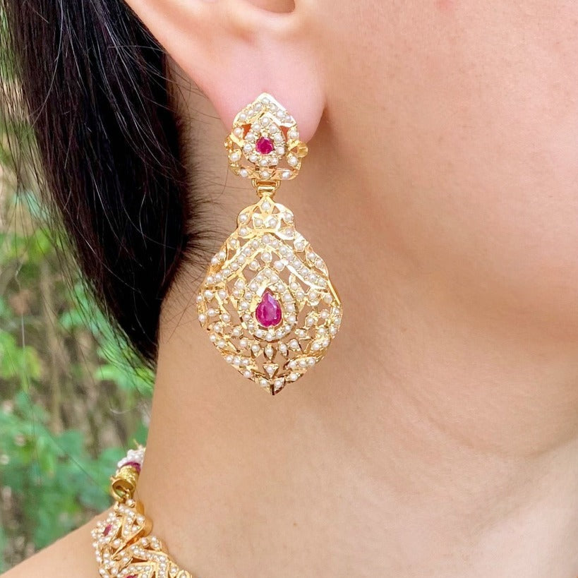 Classy Jadau Earrings | Freshwater Pearls and Ruby Combination ER 129E