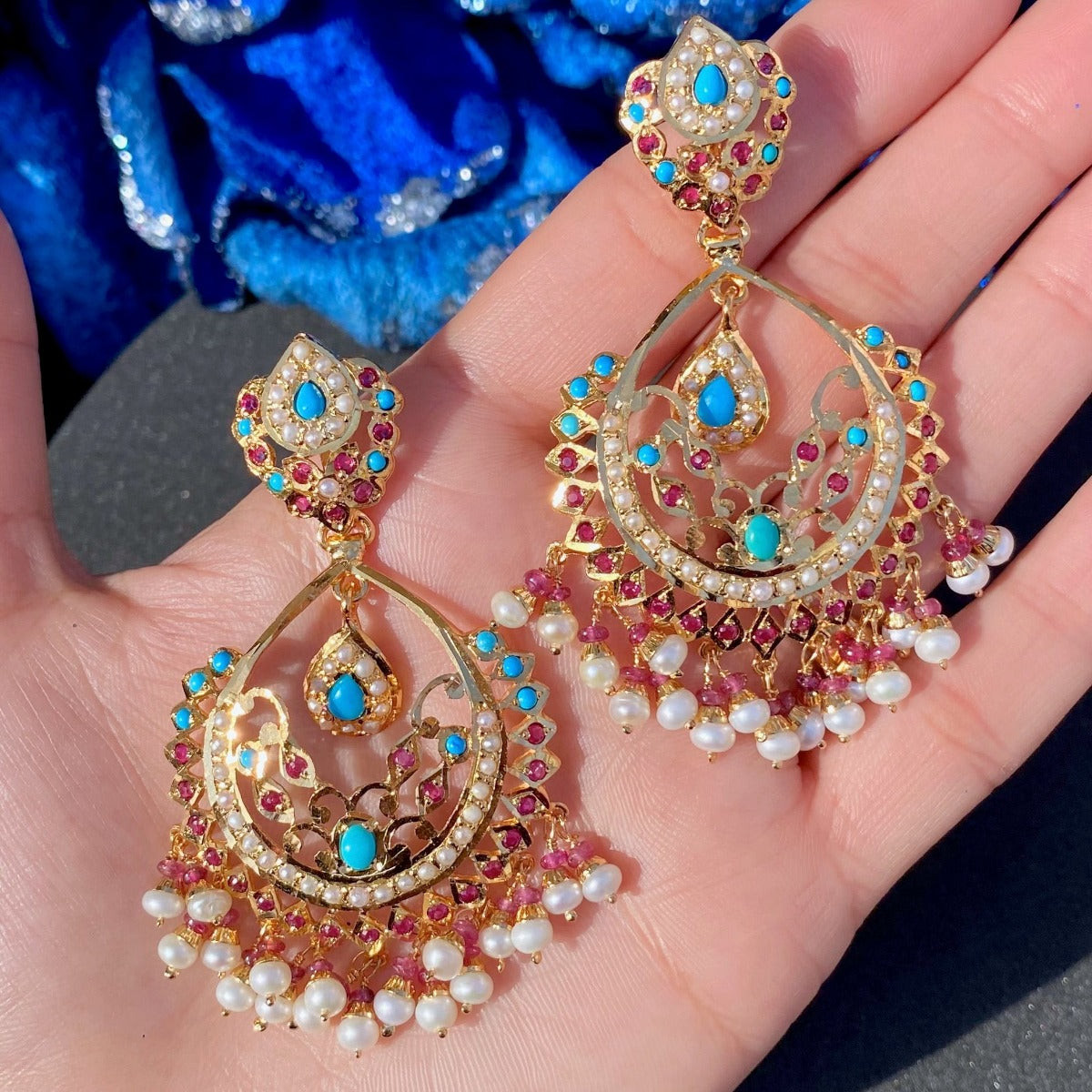 handmade turquoise chandbali earrings for women
