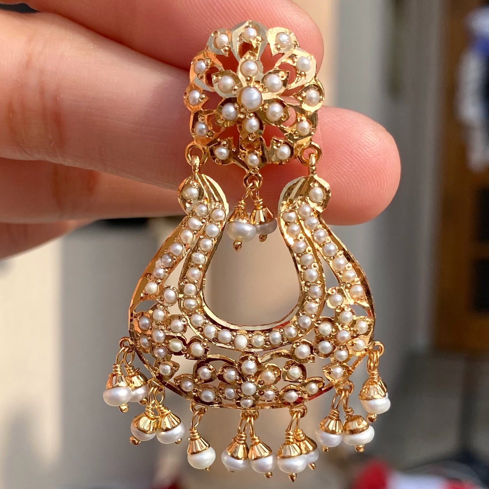 Fine Jadau Pearl Chandbali Earrings | Gold Plated on 925 Silver | Real Freshwater Pearls ER 640