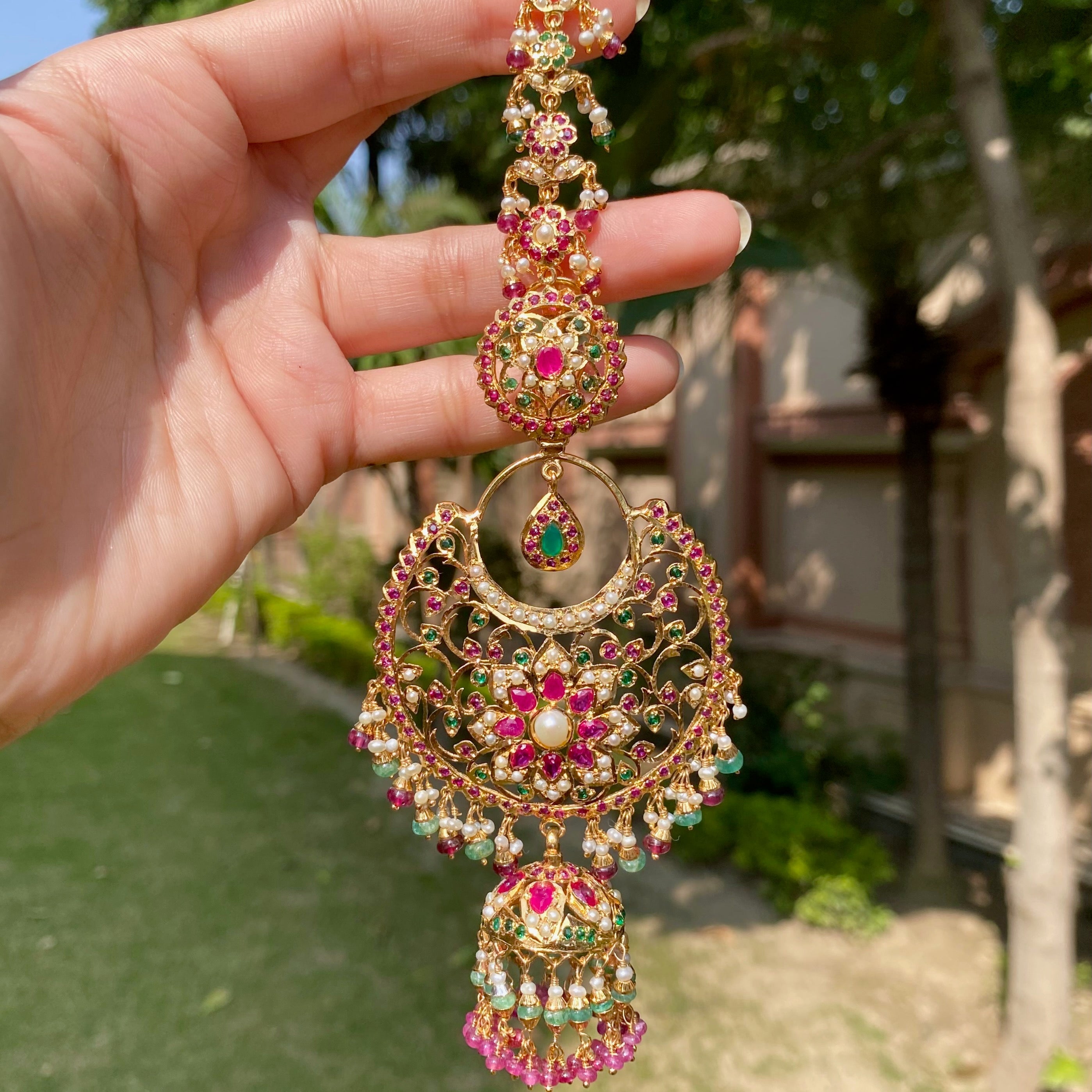 long bridal indian earrings with kanchain