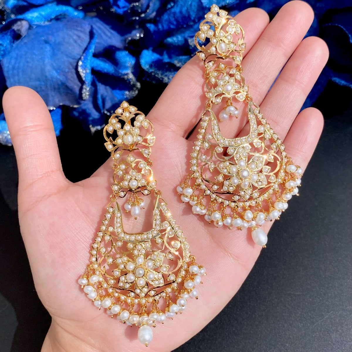 long chandbali earrings studded with freshwater pearls