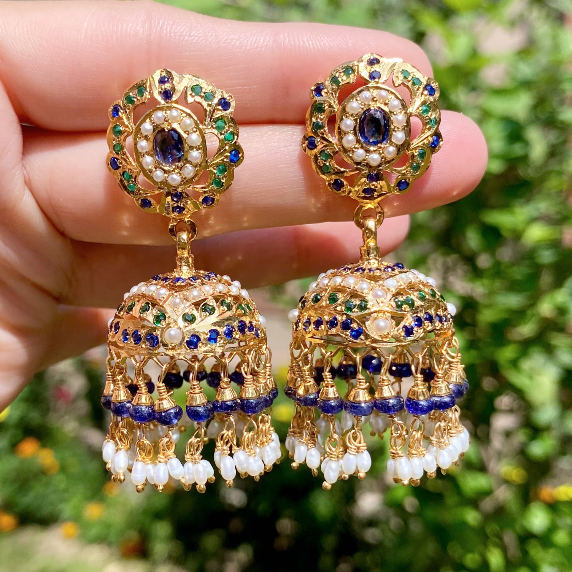 Fancy Jadau Jhumka Earrings | Royal Blue and Green Color Combination | Gold Plated on Silver ER 649
