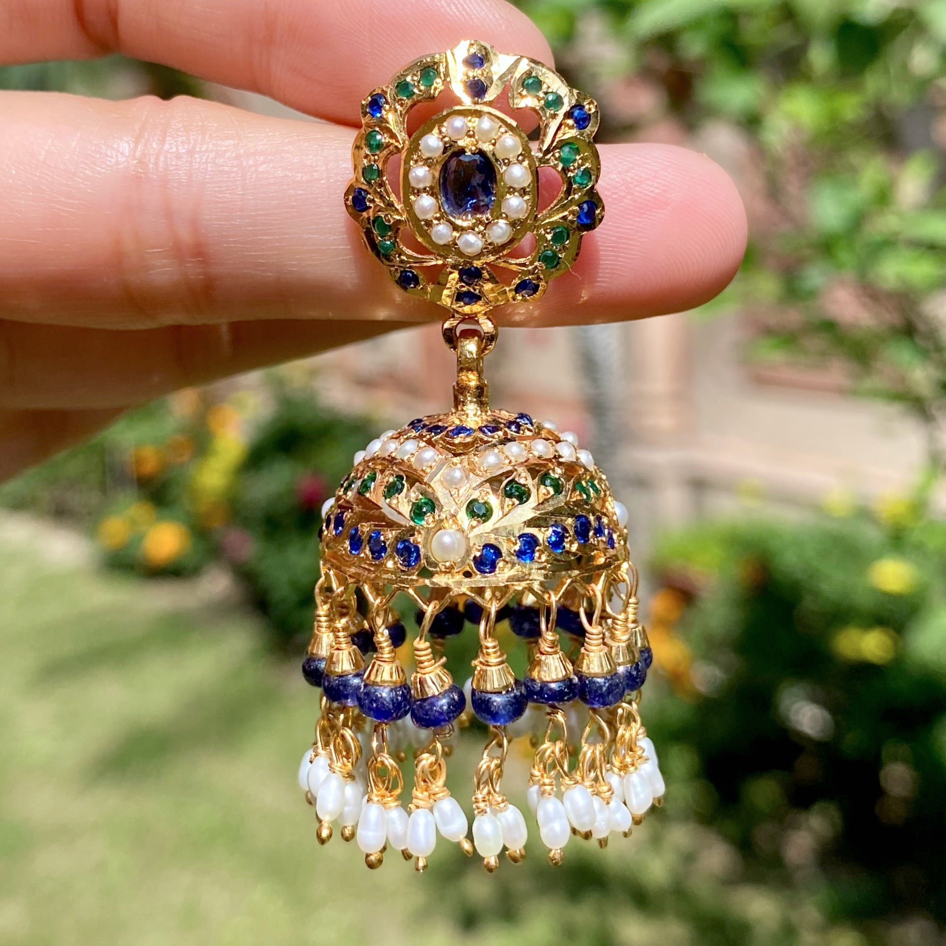 Fancy Jadau Jhumka Earrings | Royal Blue and Green Color Combination | Gold Plated on Silver ER 649
