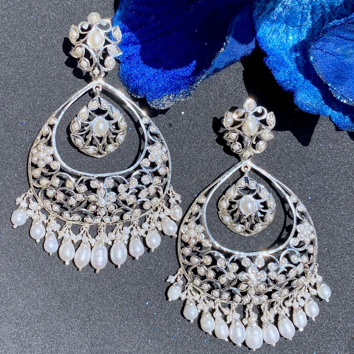 bohemian edwardian style pure silver  & pearl earrings