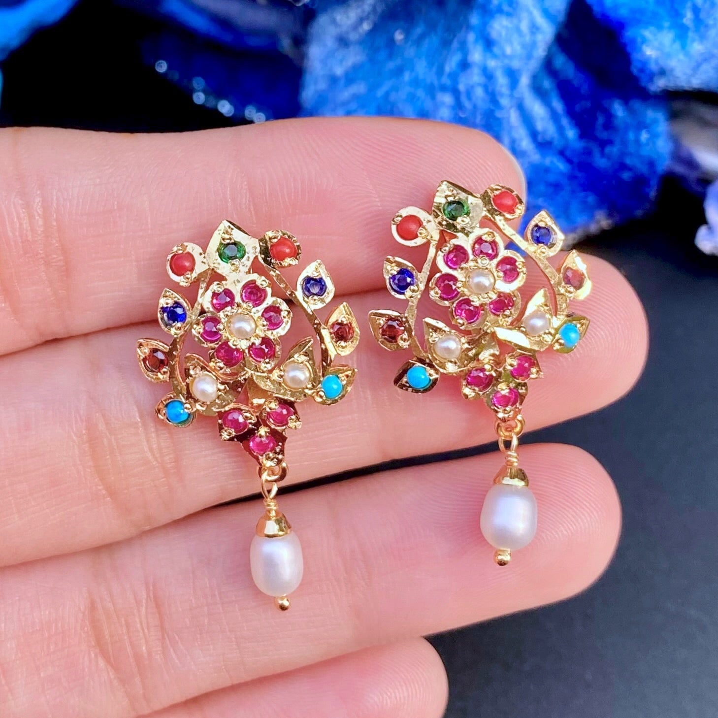 Gold Plated Navaratna Earrings | Jadau Studs on Sterling Silver ER 671