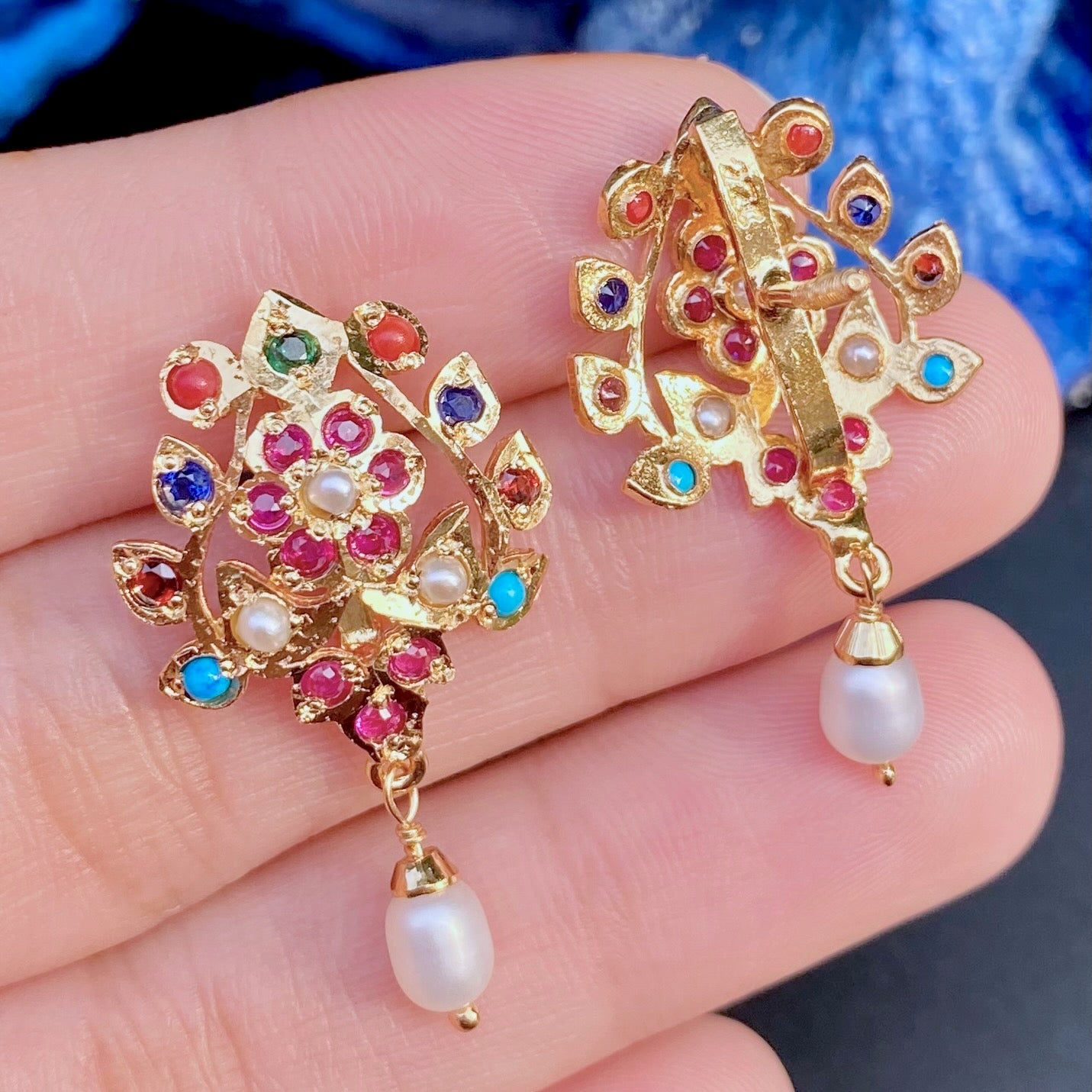 Gold Plated Navaratna Earrings | Jadau Studs on Sterling Silver ER 671