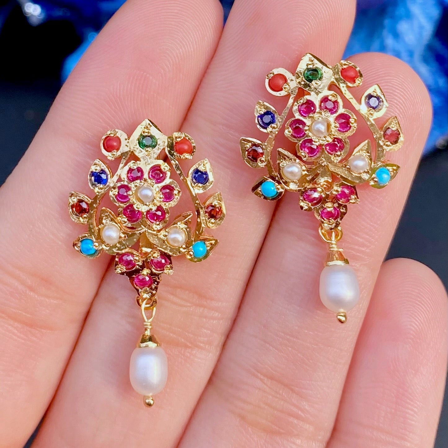 Gold Plated Navaratna Earrings | Jadau Studs on Sterling Silver ER 671