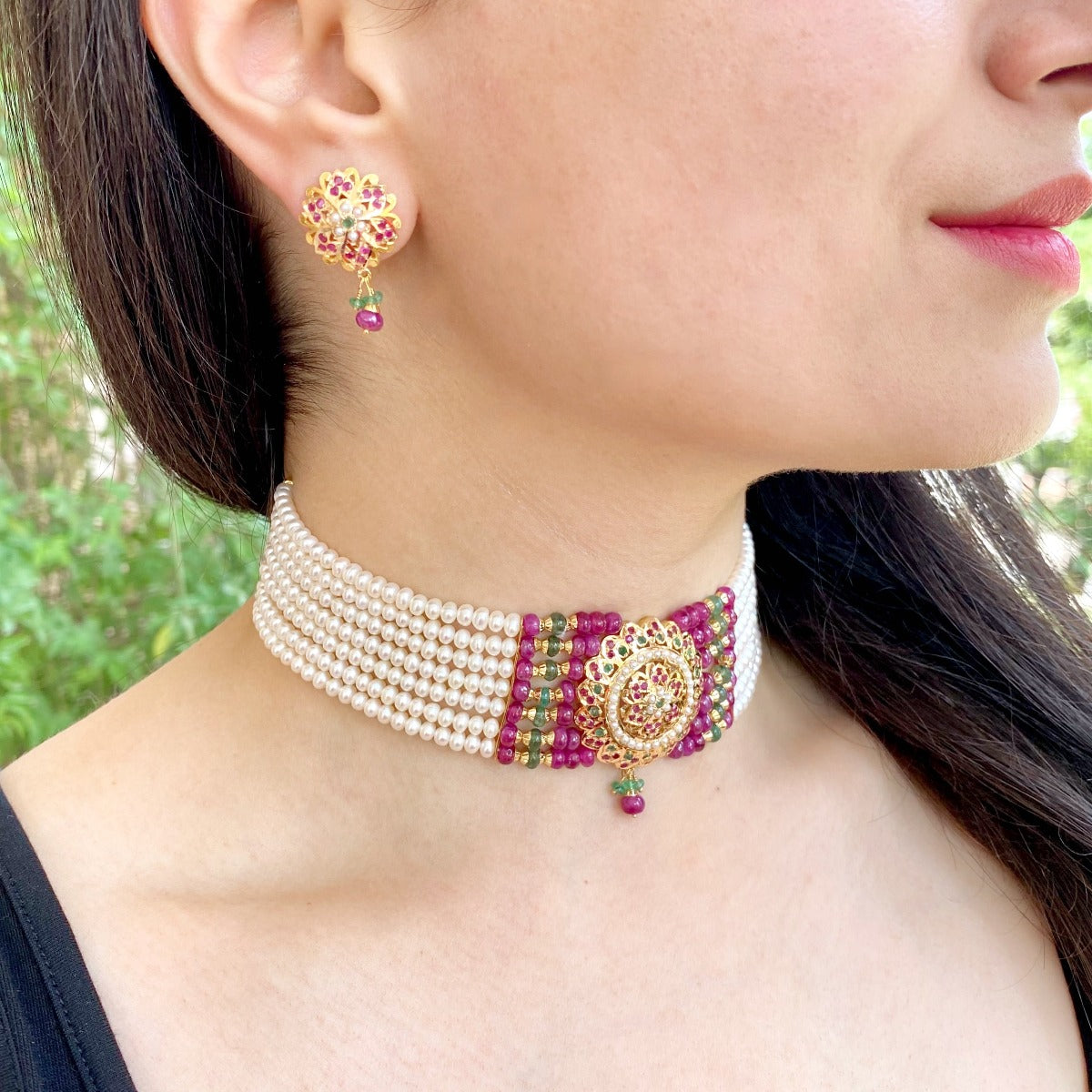 Party Wear Jadau Choker Set | Necklace & Earrings in 22ct Gold GNS 171