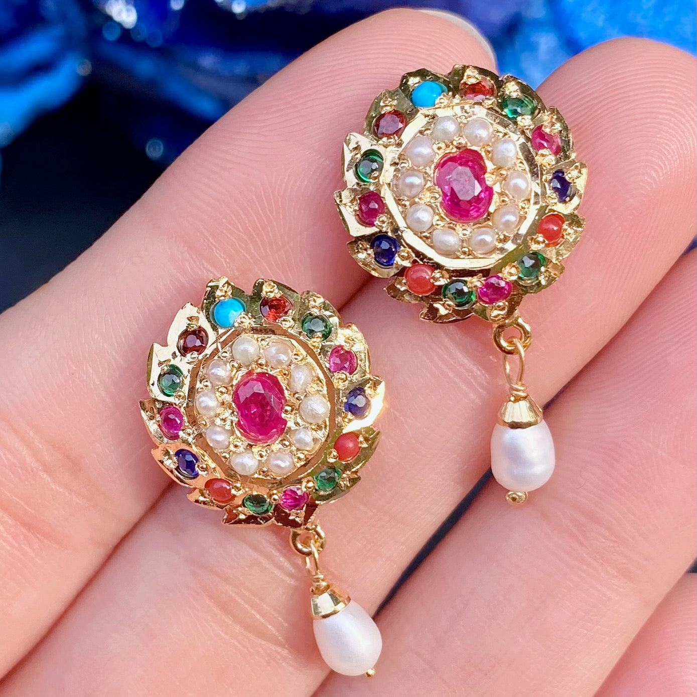 oval  Navaratna tops gold plated on silver