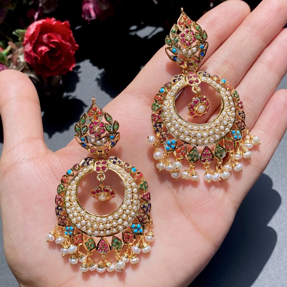 Hyderabadi navratna chandbali earrings