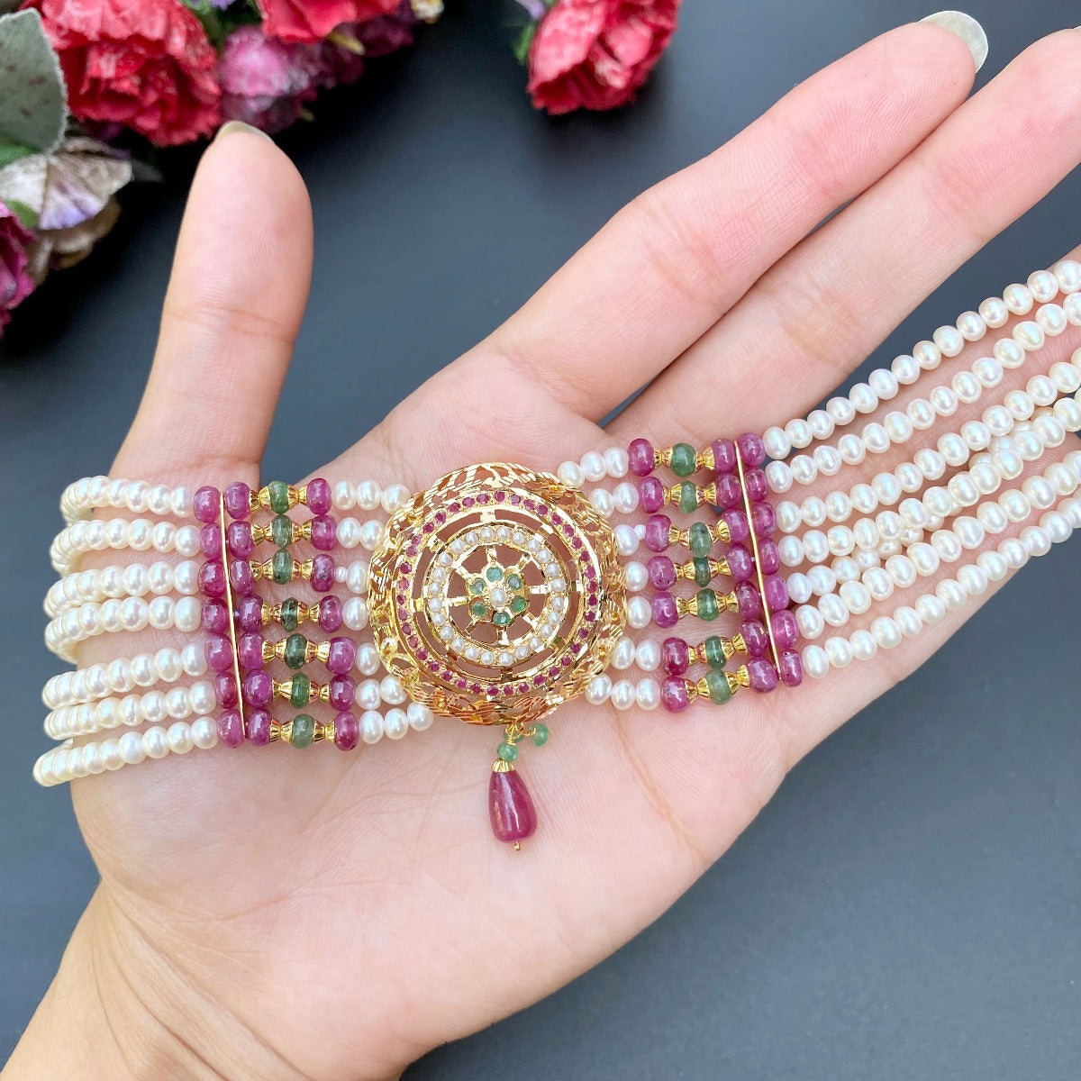 Real Gold Amritsari Choker Set | Freshwater Pearls & Precious Stones GNS 169