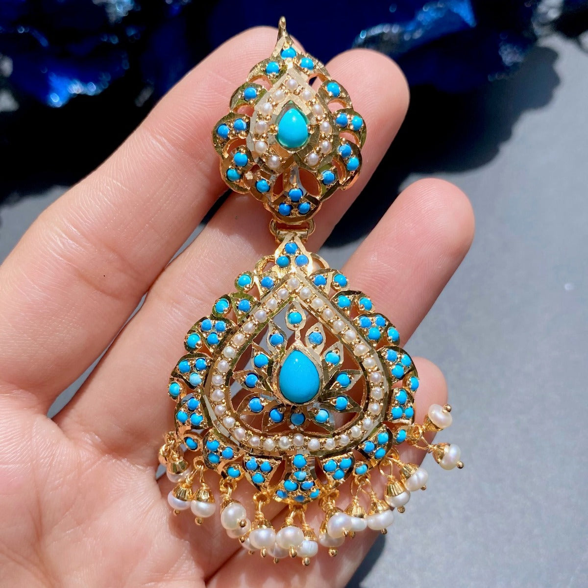 Gold Plated Pearl Pheroza Earrings on 925 Silver base metal | turquoise ER 142