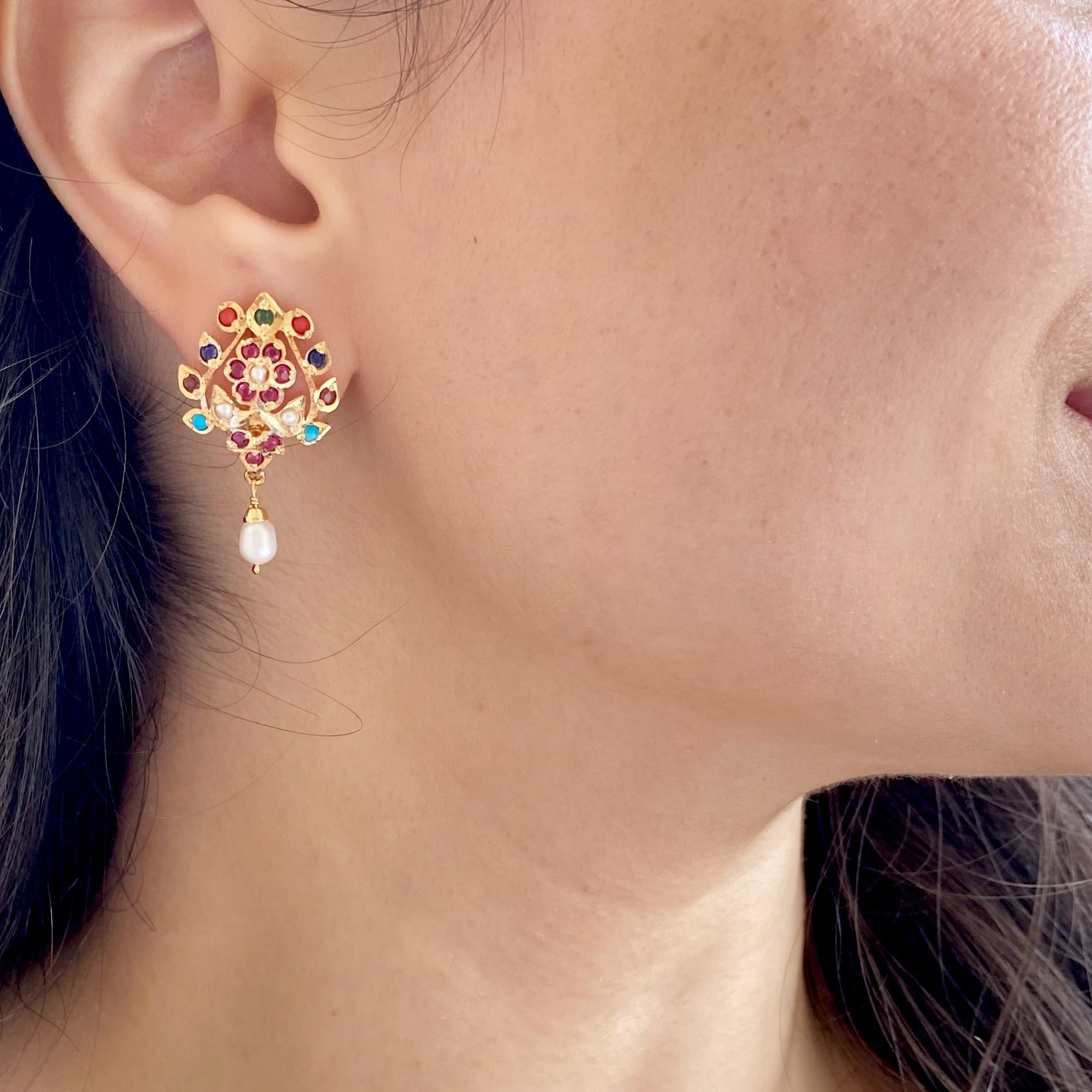 Gold Plated Navaratna Earrings | Jadau Studs on Sterling Silver ER 671