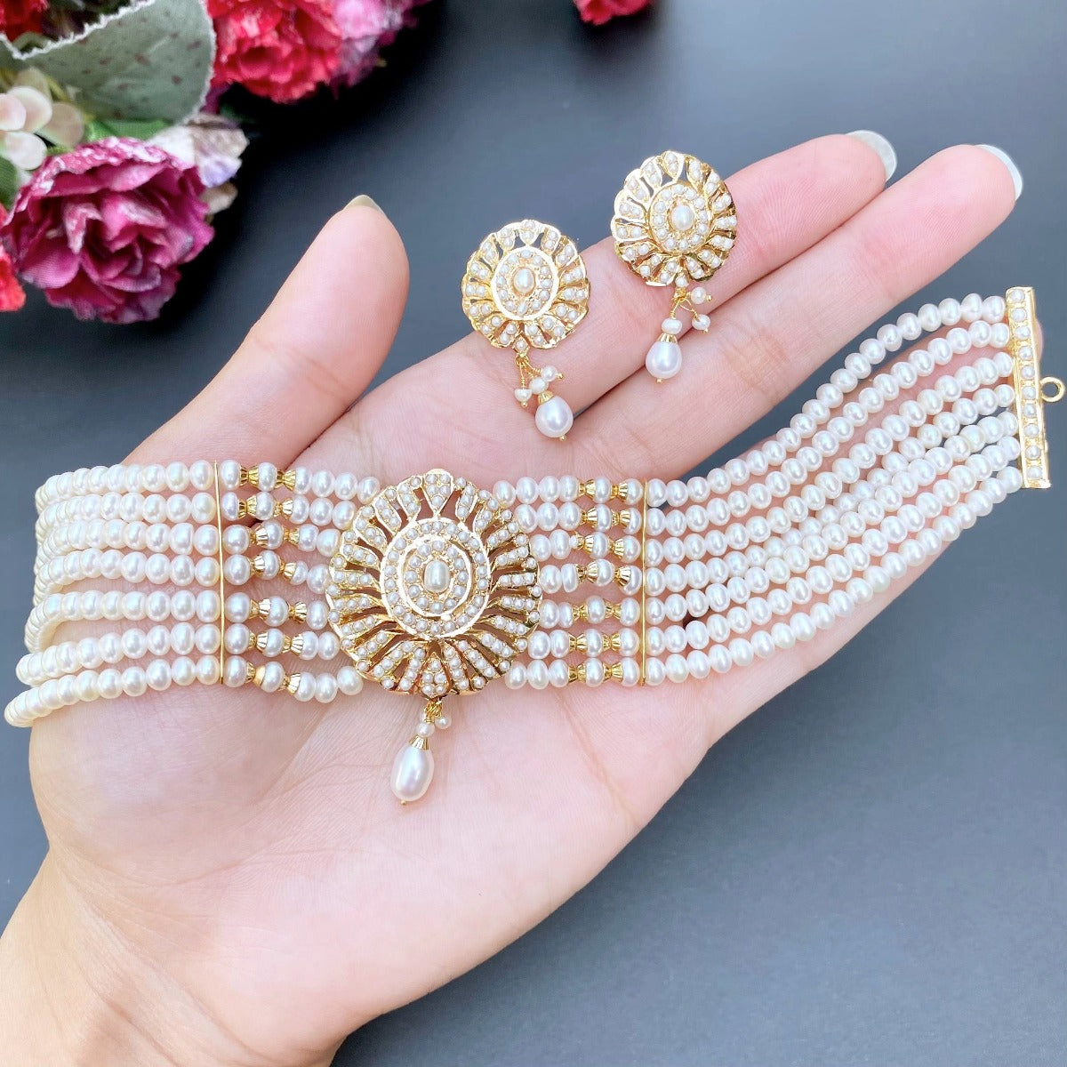 Indian pearl choker set for party wear in 18k carat gold