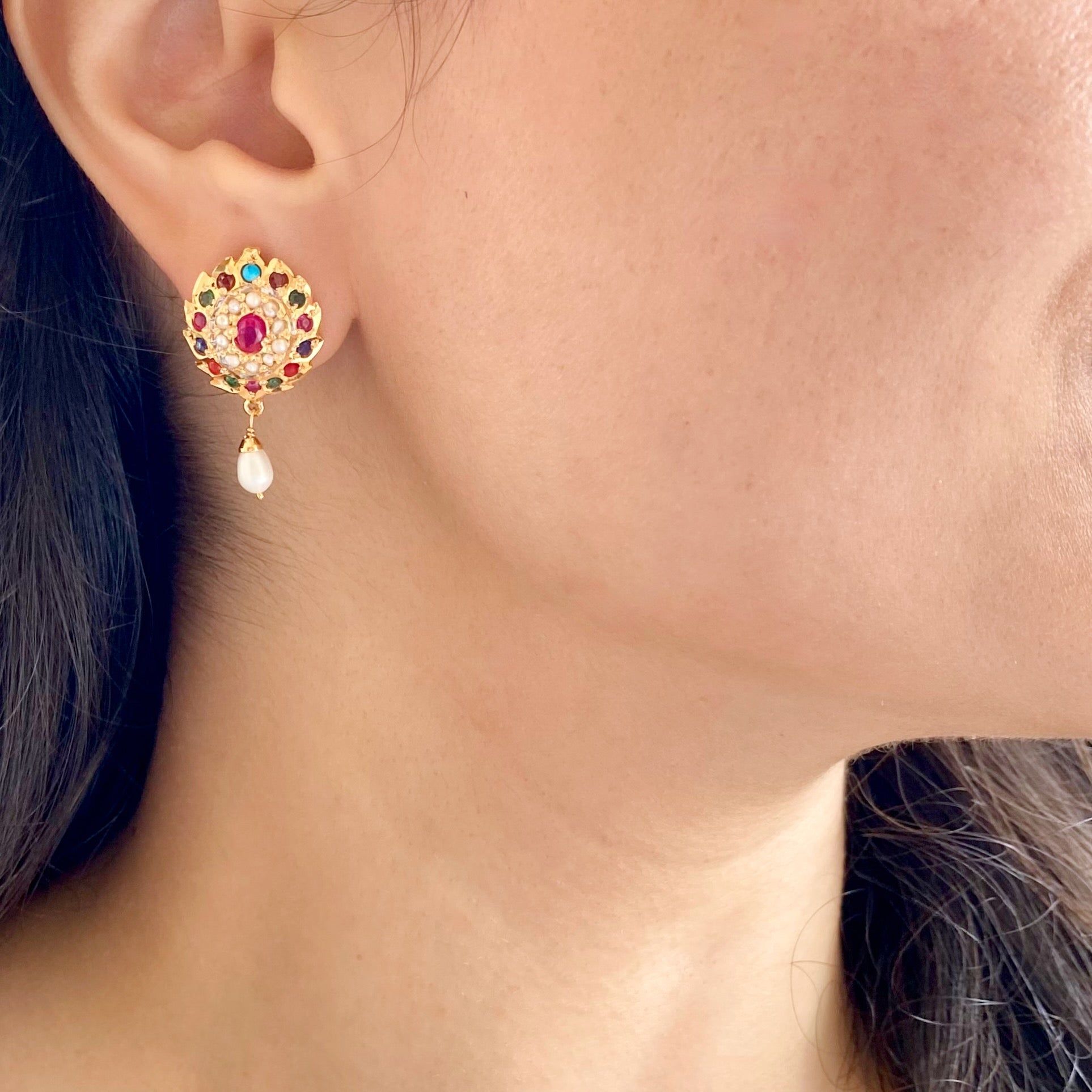 Navaratna Studs For Women on Silver | Gold Tone Jewelry on Silver ER 667