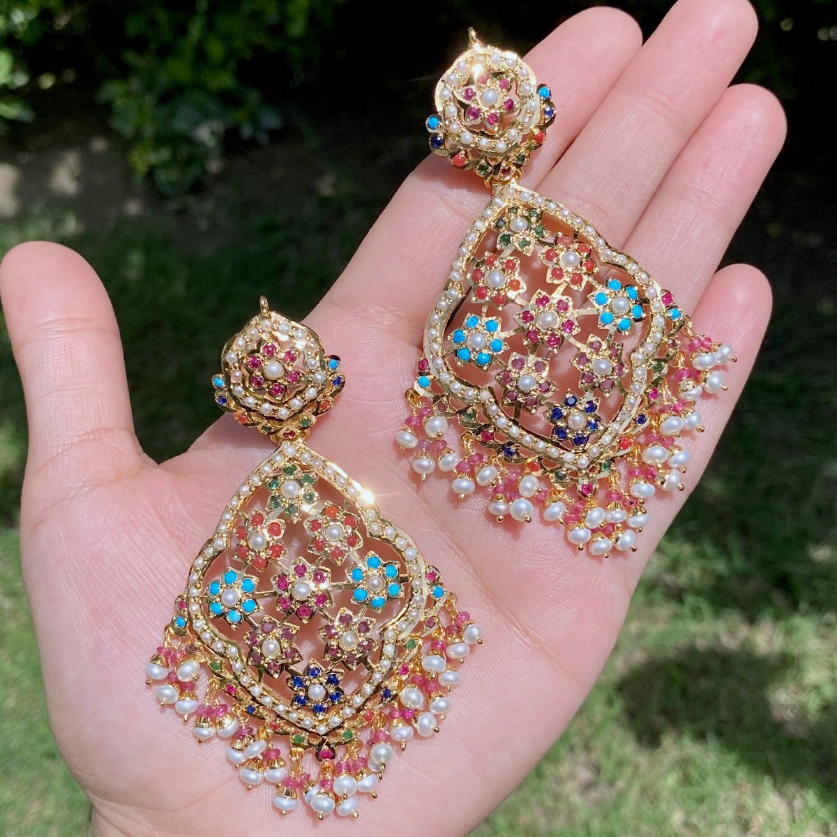 gold plated earrings in Navaratna