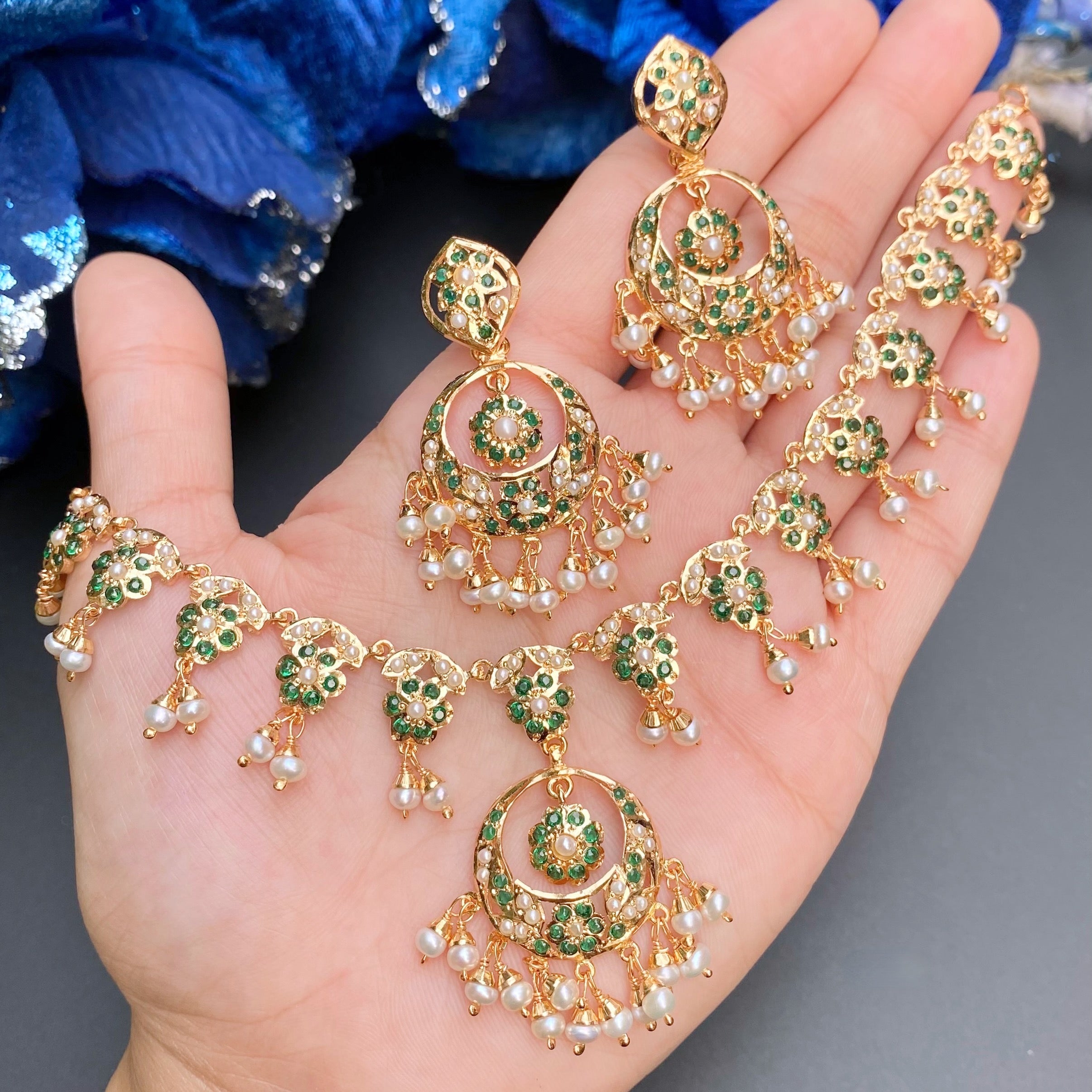 Delicate Emerald Pearl Necklace with Chandbali Earrings | Handcrafted Jadau Jewellery | NS 495