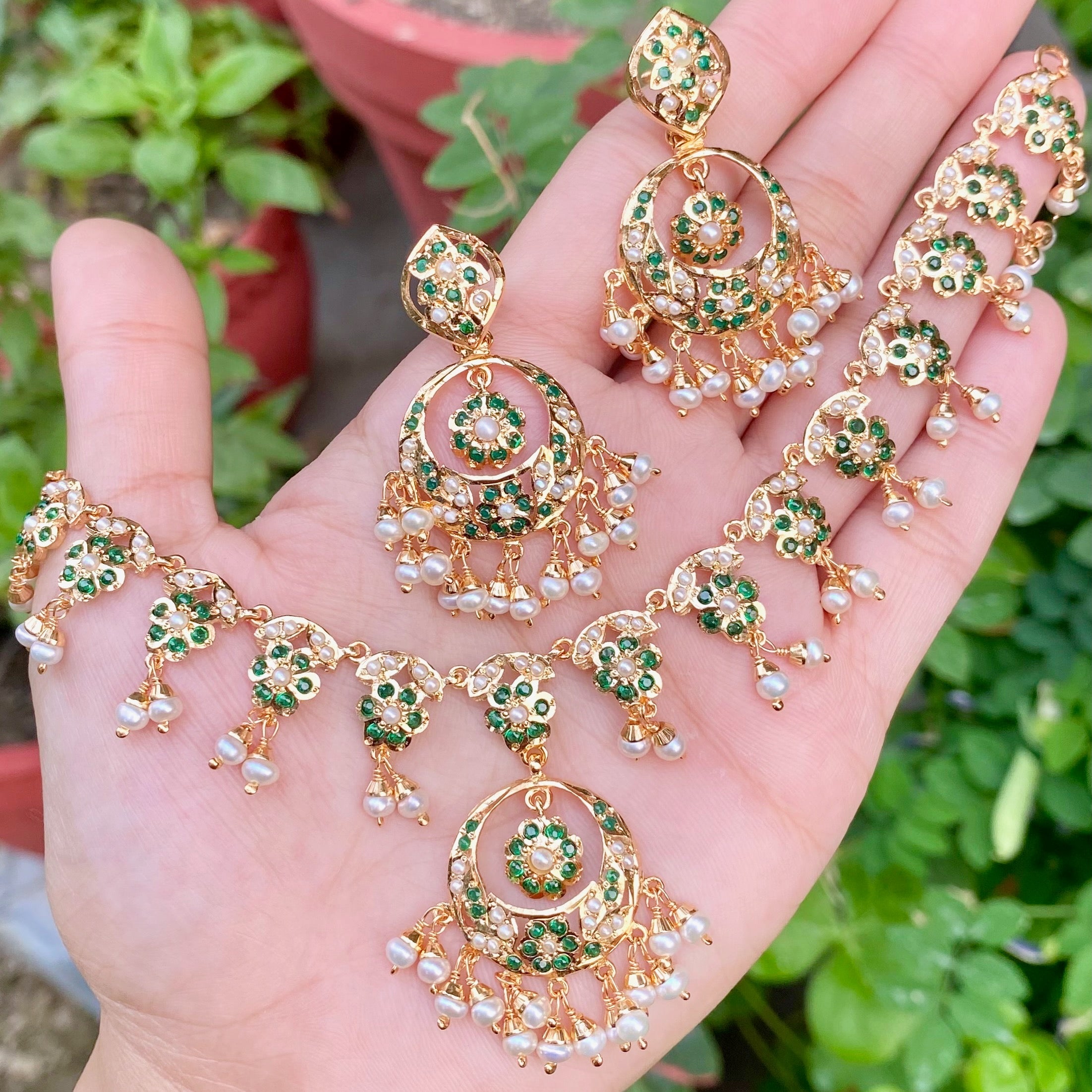 Delicate Emerald Pearl Necklace with Chandbali Earrings | Handcrafted Jadau Jewellery | NS 495