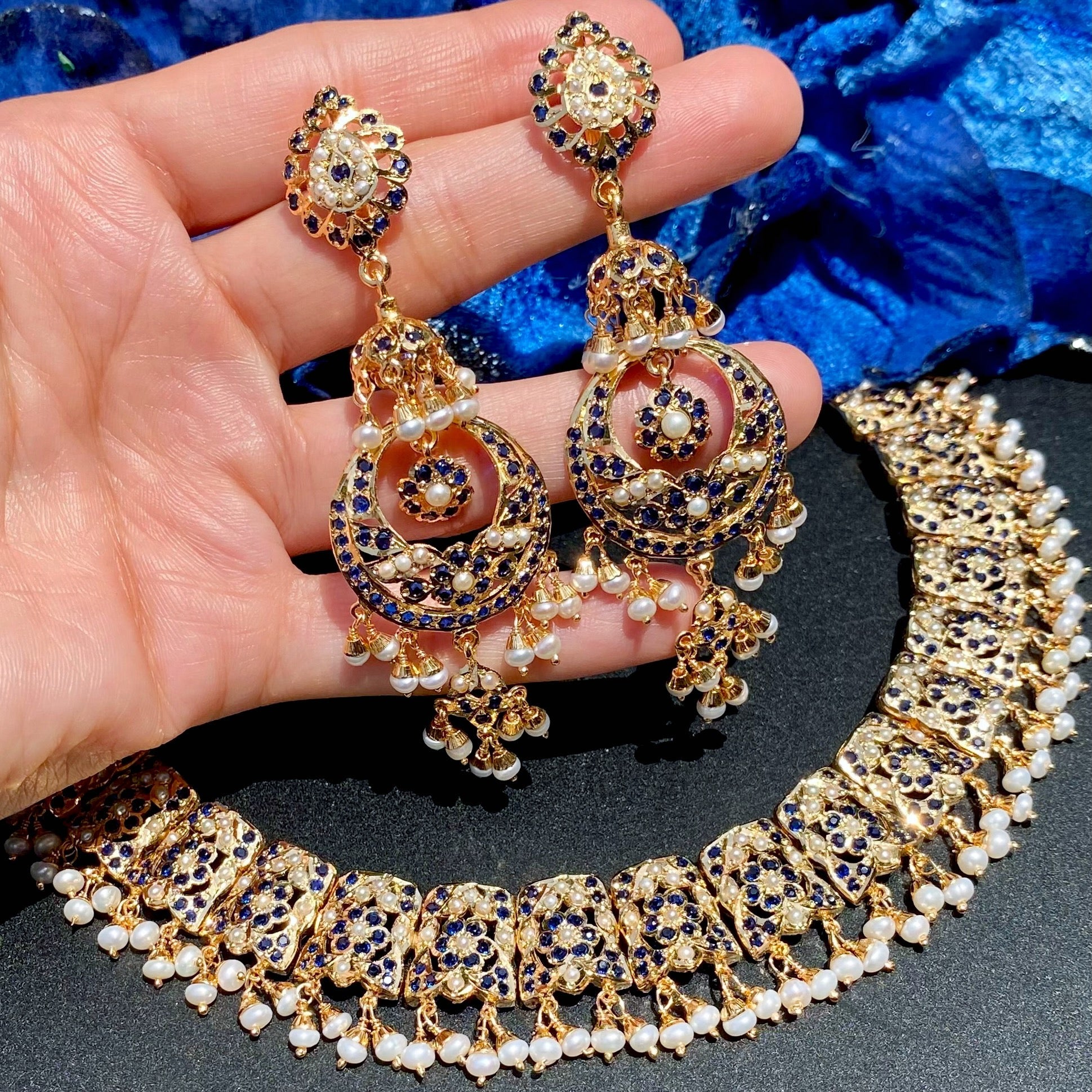 Classic Jadau Necklace Set in Gold-Plated silver |  Deep Blue Stones and Fine Pearl Detailing NS 459