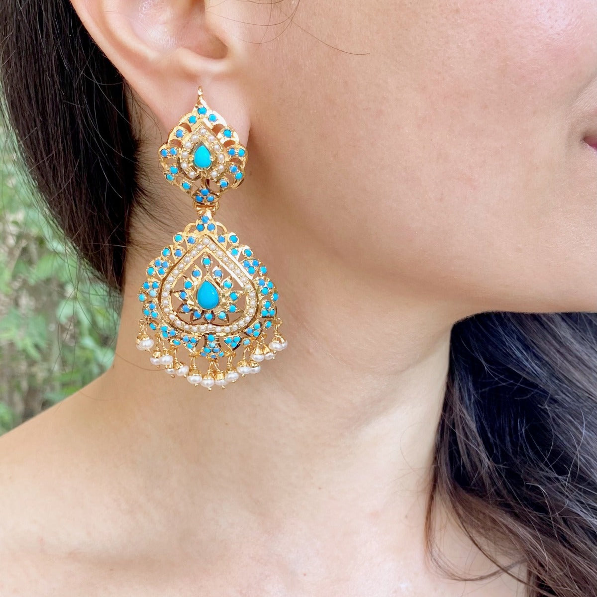 gold plated jadau earrings with pheroza